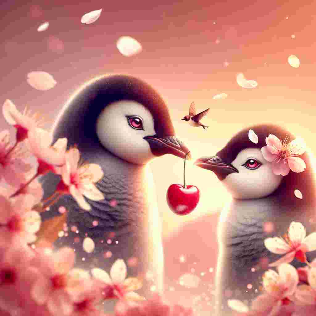 Create a captivating image that showcases Valentine's Day sentiment. In the foreground, two adoring penguins are the central focus. One penguin tenderly holds a vibrant cherry in its beak, offering it to its beloved partner. The backdrop of the scene is imbued with a soft, pastel orange hue that disseminates an aura of tranquility and warmth. To further amplify the sentimental mood, illustrate an exquisite array of cherry blossom petals floating gently around the pair.
Generated with these themes: Penguins, Cherrys, and Colour orange.
Made with ❤️ by AI.