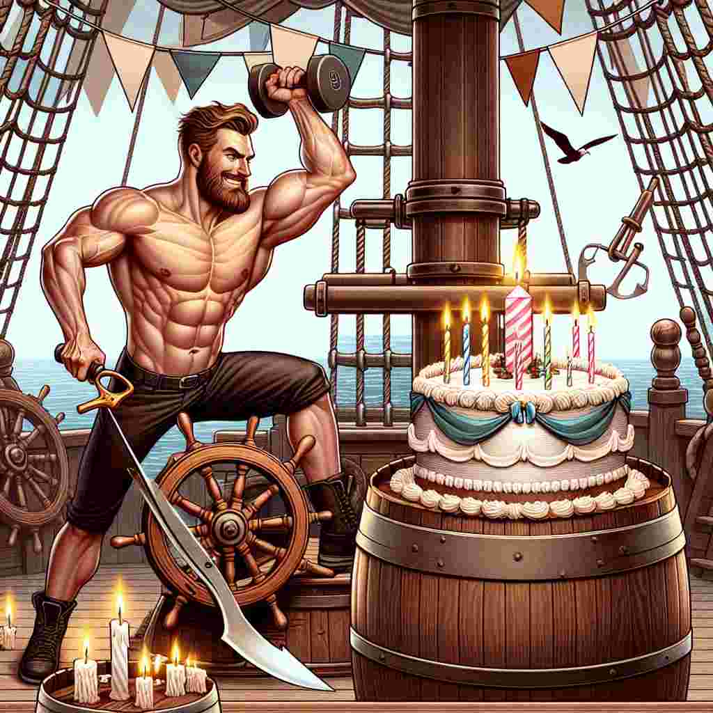 Create a detailed illustration of a festive birthday scene onboard a ship. The central character is a muscular, Caucasian male ship captain demonstrating his strength and competence. He is steering the ship with one hand while simultaneously lifting weights, highlighting his muscular physique. On the other hand, he cuts through a festive birthday cake placed on a barrel with a cutlass. The cake is adorned with lit candles, contributing to the celebratory atmosphere. The setting is high seas with timeless nautical decor, making the scene unique and attractive.
Generated with these themes: A captain in ship with muscle while doing excercise and cutting cake with candles .
Made with ❤️ by AI.