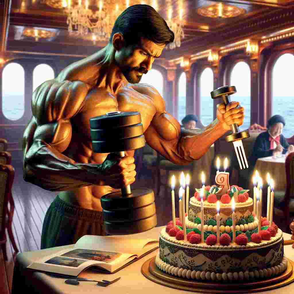 Create an enchanting portrayal of a muscular ship captain, of South Asian descent, managing two tasks at once. He is in the middle of a workout, his muscles strained as he lifts a dumbbell with determination in one hand. Simultaneously, with the other hand, he skilfully slices a piece from an exquisitely decorated birthday cake, placed conveniently beside him. The cake is adorned with lit candles, their shine casting a soothing light across the scene, accentuating the celebratory atmosphere on board the ship.
Generated with these themes: A captain in ship with muscle while doing excercise and cutting cake with candles .
Made with ❤️ by AI.