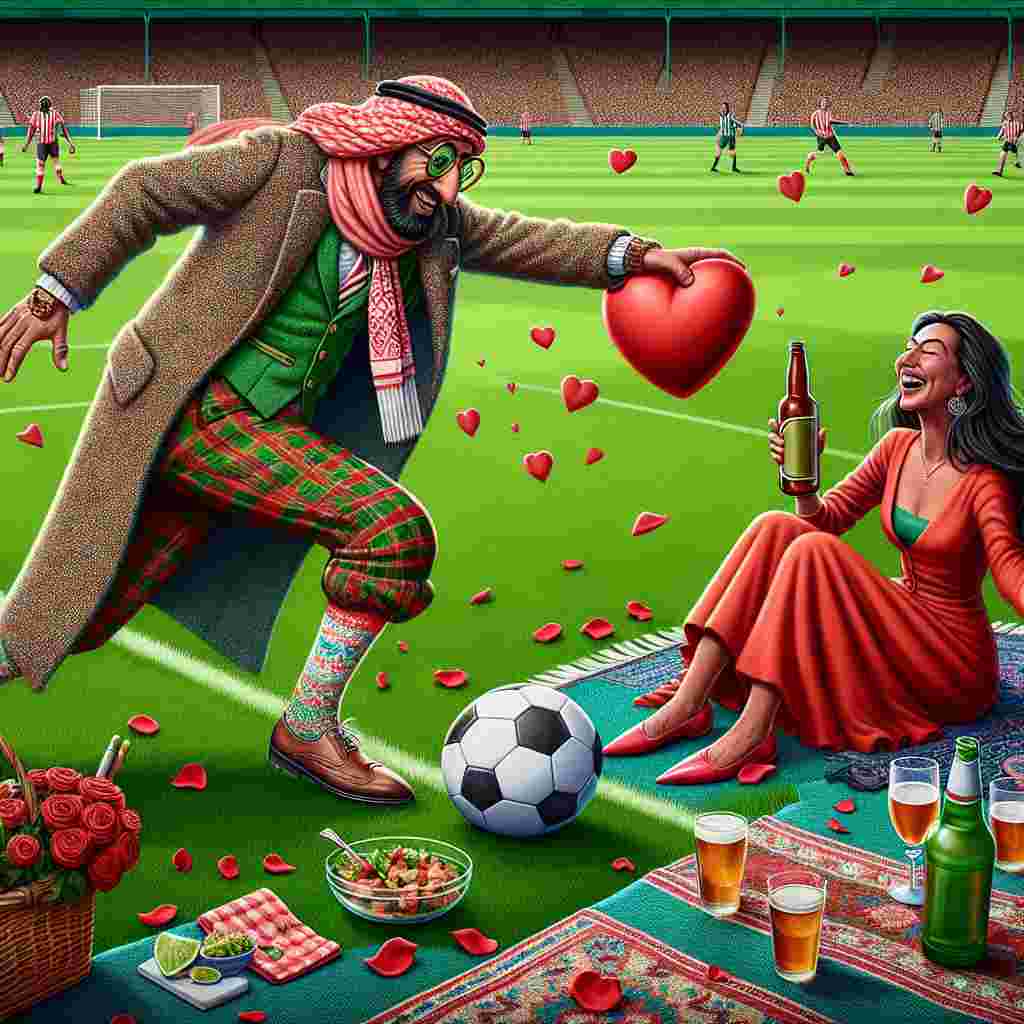 Produce an illustrated depiction of a whimsical Valentine's Day scene on a vibrant lush green football pitch. The image includes a diverse couple sharing a moment of laughter. The Middle-Eastern man is seen in an eccentric ensemble with a long scarf and tweed jacket, humorously attempting to kick a heart-shaped football. The Hispanic woman, in a bright red dress, is enthusiastically cheering her companion on. A picnic setup on the sidelines emerges as a key element – featuring a bottle of ale and glasses placed on a patterned blanket amidst a scattering of rose petals, thereby contributing to a romantic and playful ambiance. Create this Valentine scene with a high degree of detail.
Generated with these themes: Football, Dr who, ale.
Made with ❤️ by AI.