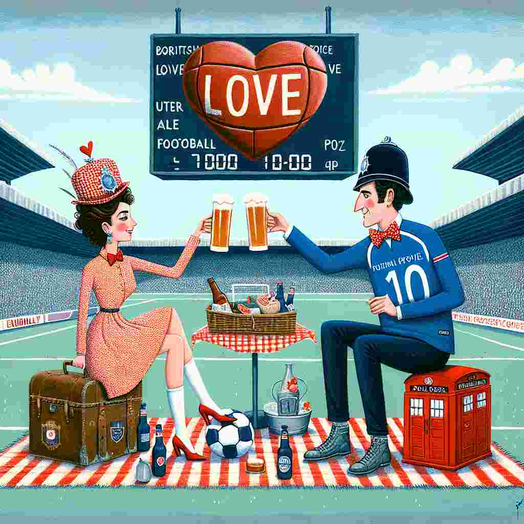 Create a playful and whimsical illustration that captures the essence of Valentine's Day in an unconventional setting: a football stadium. A woman dressed in a quirky, British police public call box costume and a man sporting a football jersey are enjoying a picnic right on the field, raising their ale glasses in a toast of love. The scoreboard behind them creatively reads 'Love: Infinite'. The centerpiece of the scene is a heart-shaped football adorned with a fashionable bow tie - a popular accessory in the British sci-fi series - adding a dash of charm to the amusing, loving chaos unfolding.
Generated with these themes: Football, Dr who, ale.
Made with ❤️ by AI.