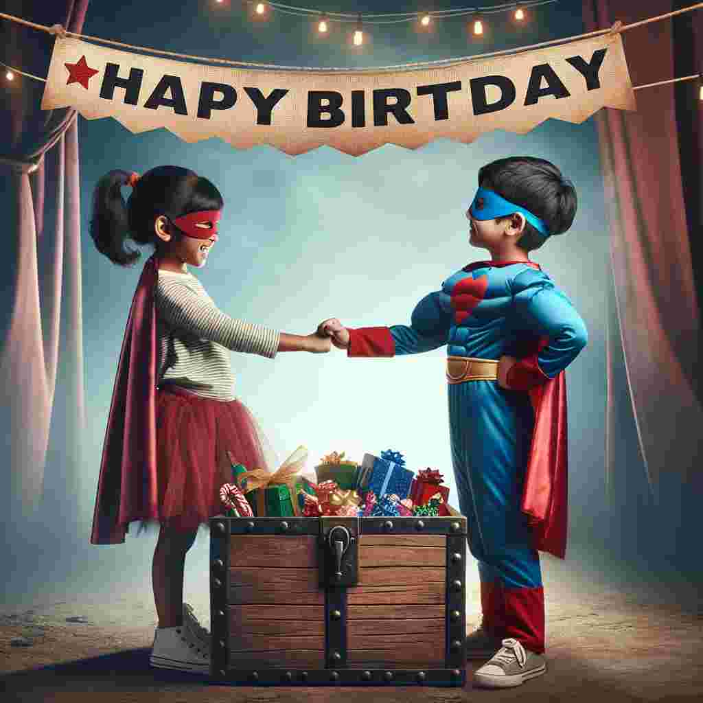 The scene features two children dressed as superheroes, sharing a secret handshake with a 'Happy Birthday' banner flapping above their heads. They stand beside a giant, open treasure chest filled with gifts and sweets, symbolizing the adventure and bond between best friends on a birthday.
Generated with these themes: best friends  .
Made with ❤️ by AI.