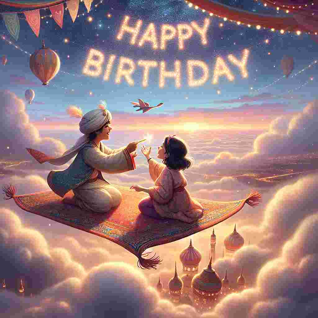The illustration captures two kids sitting atop a flying carpet, surrounded by clouds and the soft glow of sunset, passing a gift between them. The phrase 'Happy Birthday' is inscribed in the stars above, as they soar above a landscape dotted with lights and banners, celebrating the magic of best friends on a birthday journey.
Generated with these themes: best friends  .
Made with ❤️ by AI.