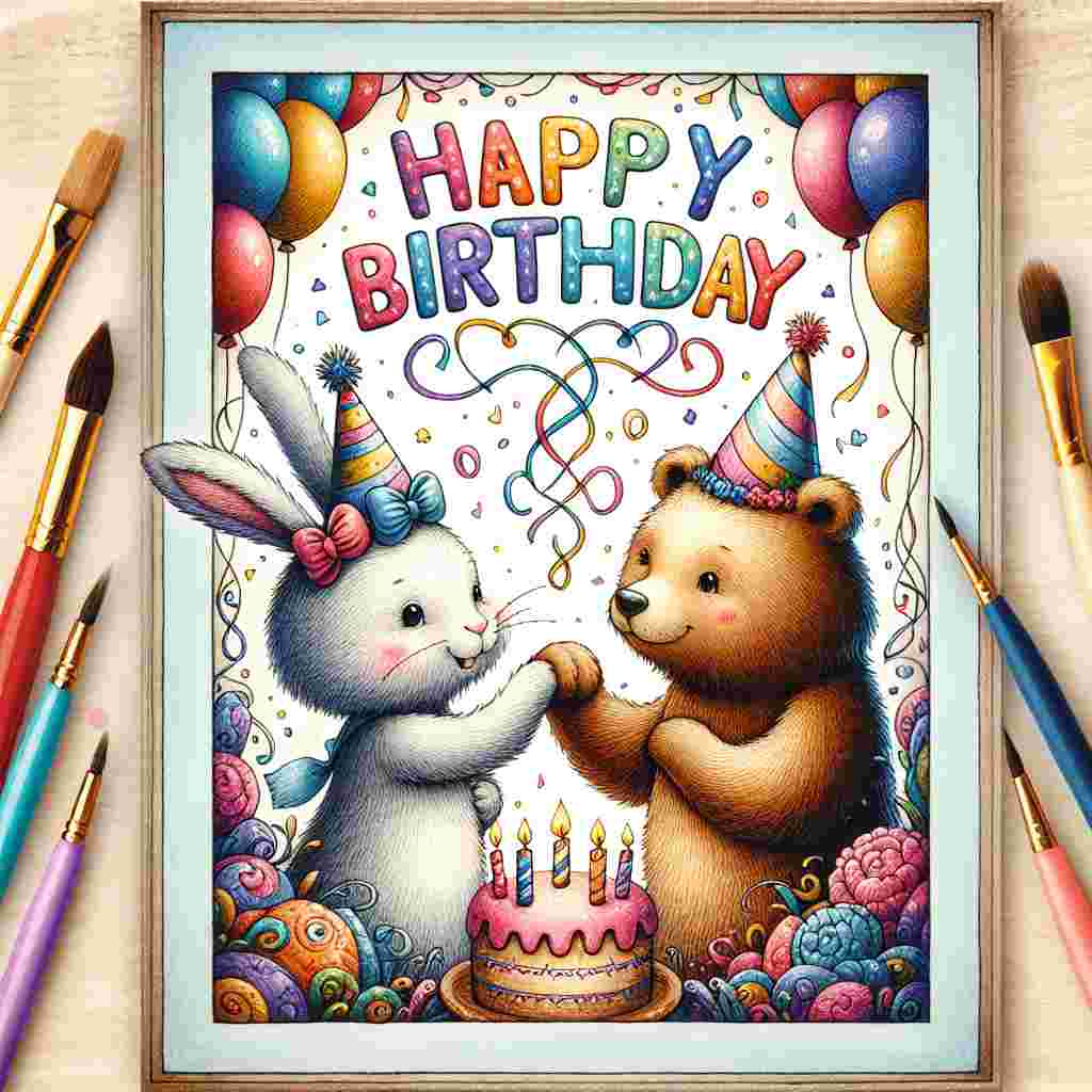 A cheerful illustration depicts two animals, a bunny and a bear, holding hands and wearing party hats, with 'Happy Birthday' written in colorful, playful letters above them. They stand in front of a whimsically decorated cake, surrounded by balloons and confetti, embodying the joy of best friends celebrating a special day.
Generated with these themes: best friends  .
Made with ❤️ by AI.