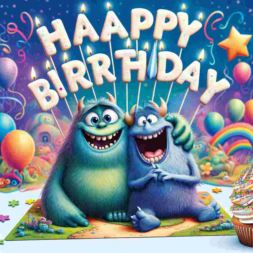 A delightful drawing shows two cartoon monsters with wide grins, one with its arm wrapped around the other, against a backdrop of a fantasy land with 'Happy Birthday' etched across the sky in star-like letters. Balloons, streamers, and a sprinkle-covered cupcake complete the birthday scene, highlighting the friendship of the pair.
Generated with these themes: best friends  .
Made with ❤️ by AI.