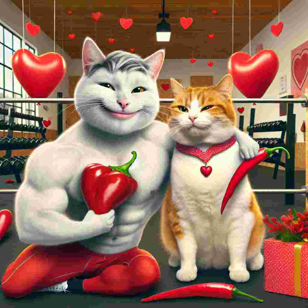 Create a sweet and festive depiction of a male Caucasian cat with a playful smirk, giving a red-hot chili pepper as a unique Valentine's gift to his female South Asian cat companion in a well-equipped gym setting. The two cats are snuggling affectionately. Overhead, heart-shaped balloons float aloft, and the walls are tastefully garnished with decorations fit for Valentine's Day, intertwining the energies of love, fitness, and a hint of spiciness into the scene.
Generated with these themes: Cats, Chilli, and Gym.
Made with ❤️ by AI.