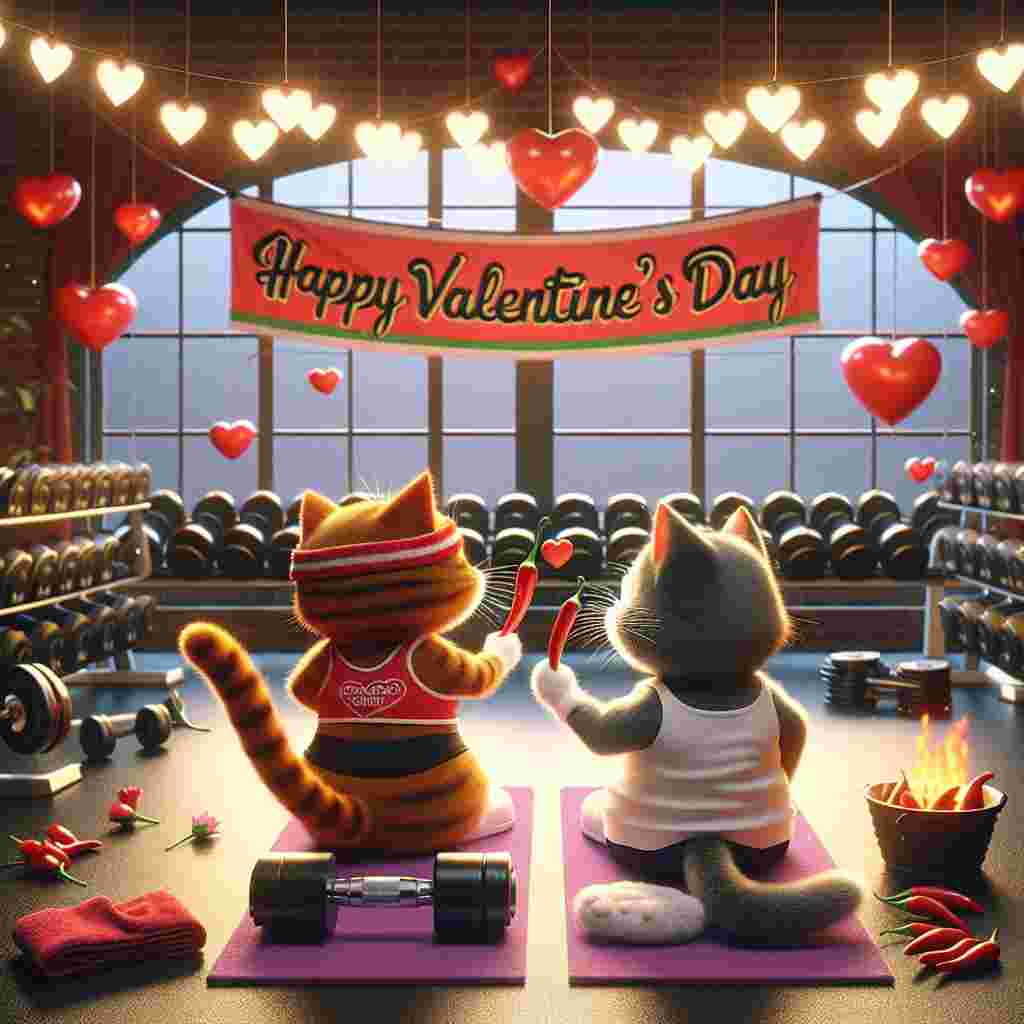 Visualize a charming scene dedicated to Valentine's Day set in a gym. Two cats, one female and one male, are momentarily resting from their workout routine. The female cat, with a sense of humor and audacity, is extending a chili pepper towards her partner, signifying their distinctive and passionate bond. The backdrop of the gym is softly illuminated by string lights shaped like hearts, adding a romantic ambiance. There's a vibrant banner hanging in the room, announcing 'Happy Valentine's Day'. This scene masterfully combines themes of fitness, love, and a hint of spice.
Generated with these themes: Cats, Chilli, and Gym.
Made with ❤️ by AI.