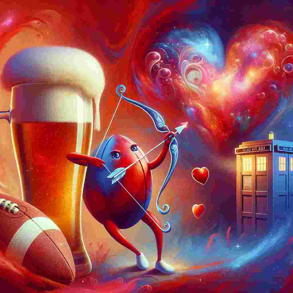 Depict an abstract setting with colors that evoke feelings of romance, characterized by a blend of vibrant reds and soft pinks. A lively football, personified with a bow and arrow, takes on the role of Cupid in this amorous tableau. A frothy mug of beer resides in one corner, its bubbles morphing into heart shapes as they rise gently. A vintage British police box is subtly introduced in the background, embellished with twinkling lights that add a touch of magic. A whimsical character, not tied to any specific existing persona, peeks out from the vintage box, offering a heart patterned with intricate galaxies to the enchanted viewer.
Generated with these themes: Football, beer, Dr who.
Made with ❤️ by AI.
