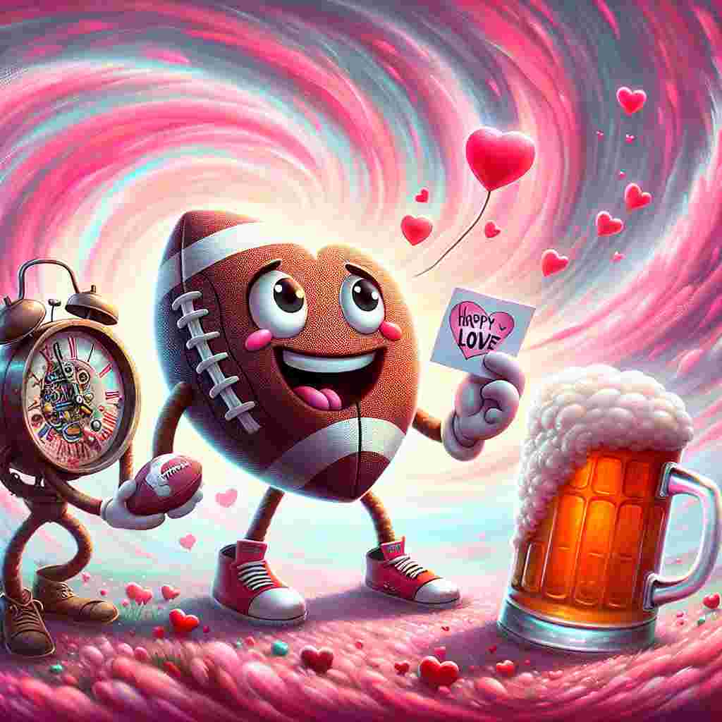 Imagine a whimsical Valentine's Day setting with an abstract background swirling in soothing hues of pink and red, signifying love in the air. At the center, there's an endearing cartoon depiction of a football, with a gleeful grin and a heart-shaped speech bubble, illustrating its adoration. Nearby, a pleasingly-drawn beer mug blushes, its foam whimsically shaped into tiny hearts. In the same scenario, an engaging caricature of an adventurous time traveler with a playful wink, holds a Valentine's card, combining elements of romance, sports, a chilled pint, and the thrill of timeless adventures.
Generated with these themes: Football, beer, Dr who.
Made with ❤️ by AI.