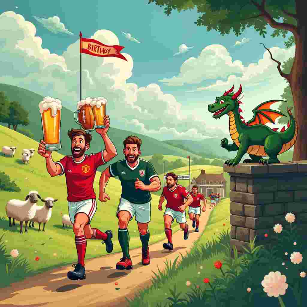 Sure thing! Here's a detailed scene for the birthday greeting card cover:

---

**Scene Description:**

In the foreground, a jubilant group of friends is running energetically across a vibrant, lush green Welsh countryside. The lead runner, wearing a classic Manchester United jersey (red with the iconic crest on the chest), is clutching a frothy pint of beer triumphantly in one hand. His face is alight with joy, with his legs pumping in mid-stride. 

Following closely behind is a burly rugby player in a green Wales national rugby team jersey. He's holding a rugby ball aloft, balancing a precarious stack of smaller beer mugs on it, each filled to the brim. The beer foam bubbles are floating in the air around them, giving a whimsical touch.

To the right of the scene, there’s a stone wall with a cheerful dragon perched atop it, waving a Welsh flag proudly. The dragon’s tail curls around, playfully knocking over a pint that sits on the wall, sending a cascade of beer splashing downward. 

In the background, the landscape features rolling hills dotted with sheep, each sheep humorously adorned with tiny Manchester United scarves. There's also a winding path leading to a quaint stone pub, with a signpost reading "The Running Red Dragon Inn."

Further back, a quaint rugby field is visible, with goalposts draped with festive birthday banners and balloons. A few more runners, also dressed in eclectic combinations of football and rugby gear, can be seen dashing towards the pub, each holding a pint.

Above the entire scene, a vibrant blue sky with fluffy white clouds provides a perfect backdrop. One cloud has been whimsically shaped to look like a rugby ball, while another resembles a foaming beer mug. 

---

The artist can use this detailed description to create a lively, humorous, and visually engaging birthday card that incorporates all the specified themes in a unique and delightful manner.
Generated with these themes: Manchester United, Beer, Running, Wales, and Rugby.
Made with ❤️ by AI.