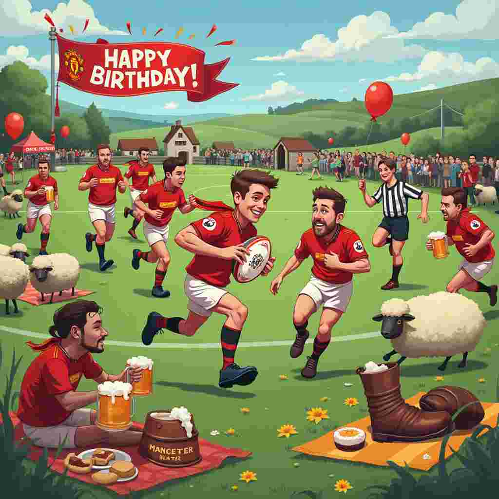 Imagine a whimsical scene set in a picturesque Welsh countryside, framed by rolling green hills and a clear blue sky dotted with fluffy clouds. In the foreground, there's an animated and bustling rugby match. Players in red jerseys with the iconic Manchester United crest are in the heat of a friendly but intense game against a team in traditional Welsh rugby uniforms. The Manchester United players wear rugby shorts and boots, with some even sporting cheeky grins as they try their hand at a sport that’s clearly not their primary game. 

In the middle of the field, a burly rugby player with a dragon emblem on his jersey is tackling a Manchester United player holding a rugby ball that has a pint of frothy beer printed on it. The ball’s design makes it look like the player is running with an oversized, foamy pint.

To the left side of the scene, there’s a jovial crowd of supporters. Some fans are sitting on picnic blankets, sipping on large mugs of beer with various team scarves around their necks – Manchester United, Welsh Rugby, and even some quirky, vintage-looking ones featuring sheep. One blanket has an array of snacks laid out, including a plate of Welsh cakes and a small pot of daffodils, adding a nod to Welsh heritage.

A banner above the crowd reads “Happy Birthday!” in bold, playful lettering, with streamers and balloons attached to it. There's a makeshift refreshment stand where a portly, jolly vendor in a Manchester United hat is pouring pints of beer from a keg shaped like an old-fashioned boot. The stand itself is adorned with birthday decorations, including a large, goofy cake shaped like a rugby ball with "Cheers to Another Year!" written in icing.

On the right side of the scene, a trio of fans in Manchester United running gear are humorously attempting to outrun a sheep dressed as a referee. They are passing a baton that hilariously resembles a half-eaten sausage roll, adding an element of playful chaos.

In the background, the quintessential Welsh landscape includes a rustic stone farmhouse and a group of curious sheep watching the game. The farmhouse has a small flagpole with the Welsh flag fluttering in the breeze, and a picturesque stone wall running alongside it.

All these elements come together to create a lively, humorous birthday greeting card scene that blends the love of Manchester United, beer, running, Wales, and rugby into one entertaining narrative.
Generated with these themes: Manchester United, Beer, Running, Wales, and Rugby.
Made with ❤️ by AI.