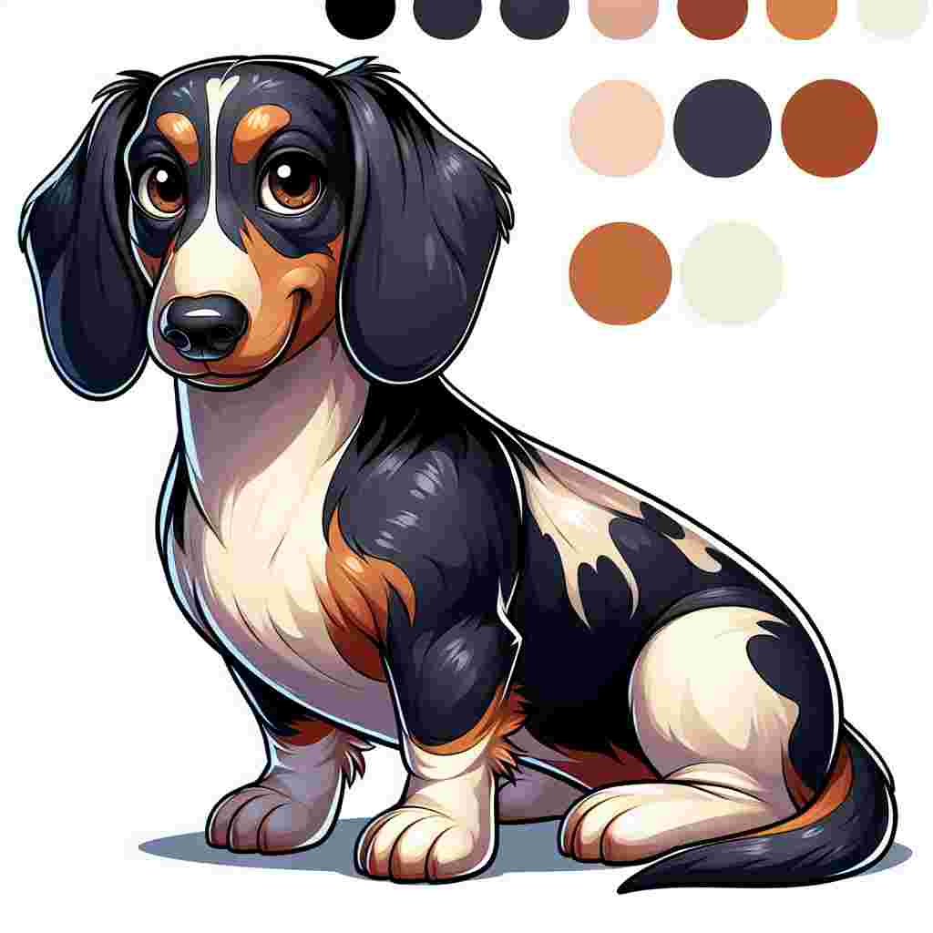 Generate a whimsical cartoon scene that features an adult Dachshund dog with a normal build. The dog's coat should be a playful patchwork of black, white, and brown colors. The dog's expressive, soulful brown eyes should be a focal point, perfectly contrasting its tri-colored fur. The Dachshund is portrayed sitting attentively with a slight head tilt, displaying the innocence and charm characteristic of the cartoon world. The illustration should capture the essence of the lovable canine against the delightful and animated environment it inhabits.
.
Made with ❤️ by AI.