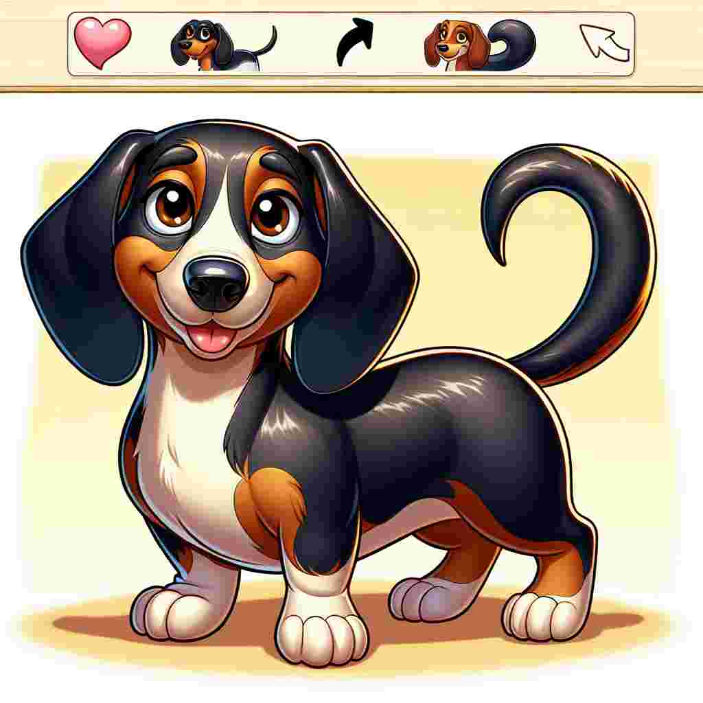Visualize a heartwarming cartoon scene that exudes cheerfulness and charm. In the centre of the image is a well-proportioned adult Dachshund. It has a glossy coat that beautifully mixes black, white, and brown colors. Its gentle brown eyes gaze lovingly into the scene. The dog's ears flop playfully, embodying the lively energy present in the setting. Its tail wags with excitement adding to the playful depiction of the cartoon scene.
.
Made with ❤️ by AI.