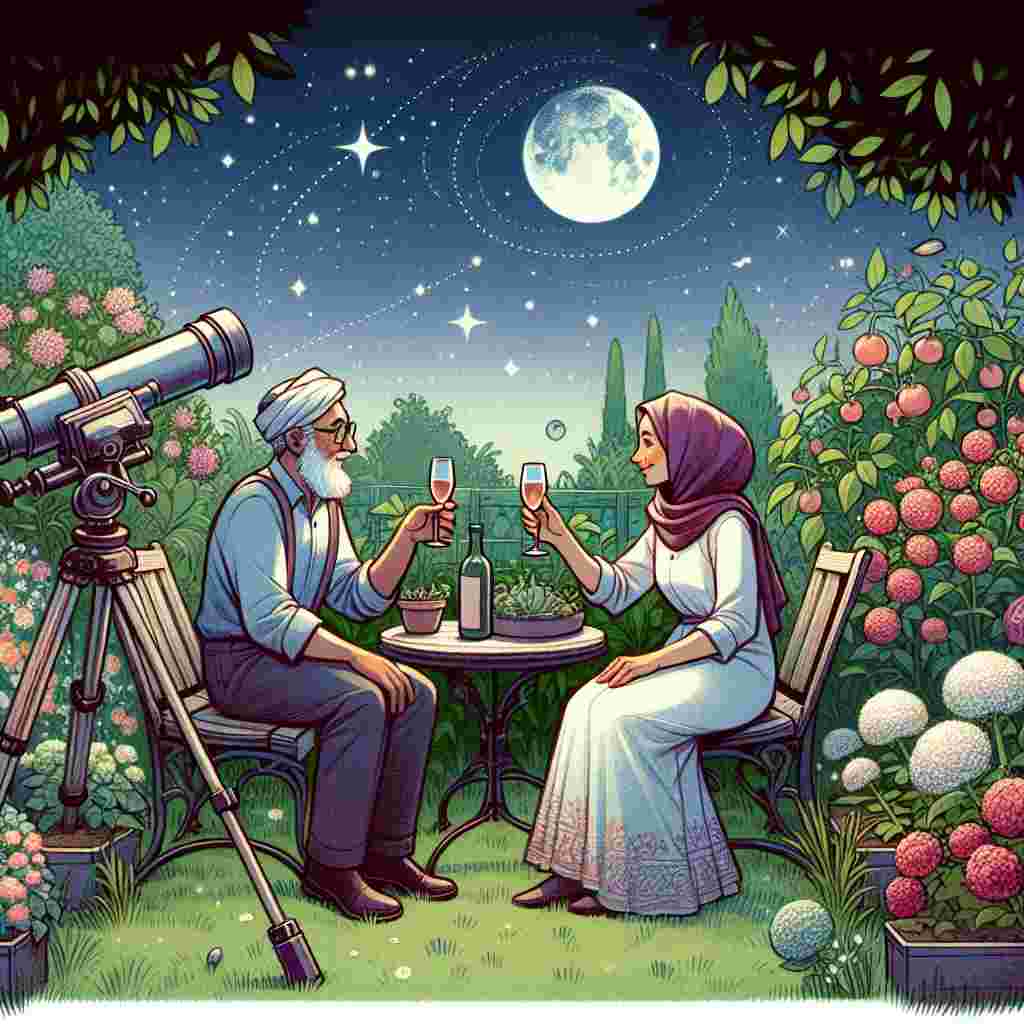 Imagine a heartfelt illustration of a charming anniversary celebration. The setting is a picturesque garden filled with blooming flowers and lush vegetable patches. A perfectly placed telescope indicates a distinct interest in star-gazing, pointing towards the night sky. A couple, whose ethnicity is Middle-Eastern, sit together on a garden bench. They are seen deeply engaged in a heartfelt conversation, raising their glasses in warm toasts. The night sky above them, gently illuminated by starlight and a soft lunar glow, intertwines with the tranquil garden setting, harmoniously blending their love for gardening and enchantment for astronomy.
Generated with these themes: Gardening, and Astronomy.
Made with ❤️ by AI.