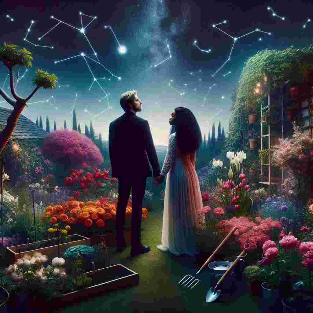 A sentimental image of a Caucasian man and Black woman commemorating their anniversary in an enchanting garden under a sky filled with stars. The garden teems with a diverse range of vibrant flowers and verdant plants, with gardening tools subtly placed nearby, hinting at their mutual love for horticulture. Above, a sharp night presents constellations and celestial bodies, epitomizing their fascination for astronomy. The couple stands close together, hands entwined, their gazes filled with the heavenly spectacle above.
Generated with these themes: Gardening, and Astronomy.
Made with ❤️ by AI.