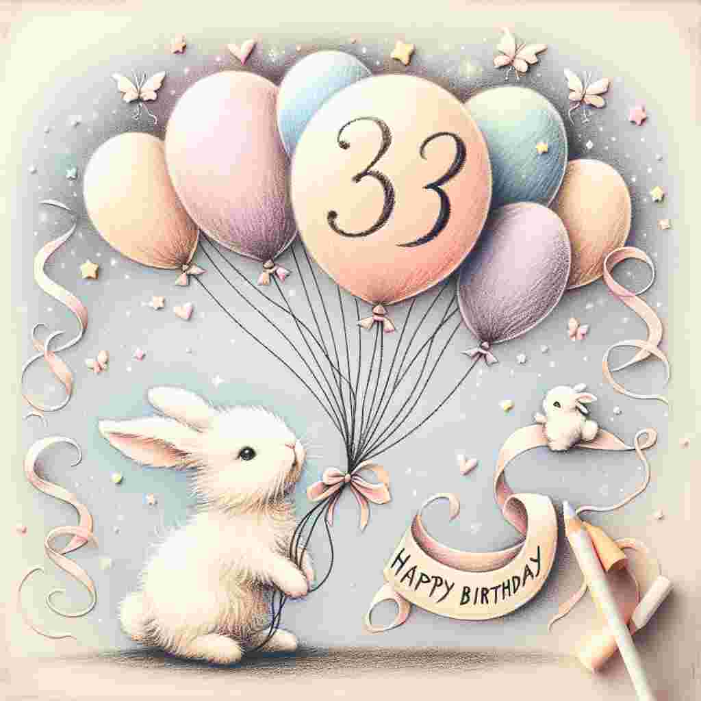 A charming pastel chalk illustration of two bunnies floating with balloons, '33th' written on one, and 'Happy Birthday' elegantly inscribed on a ribbon banner above them.
Generated with these themes: 33th  .
Made with ❤️ by AI.
