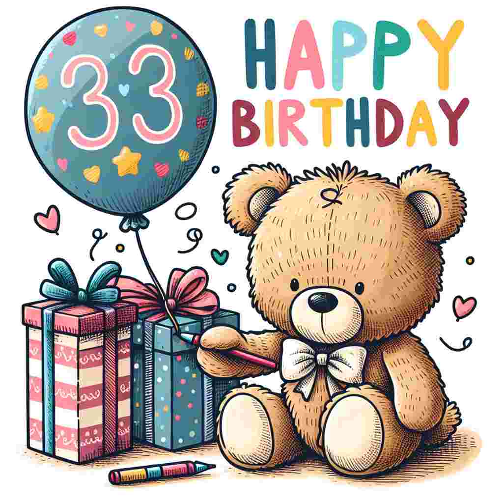 An adorable cartoon drawing featuring a teddy bear holding a balloon with '33th' on it, and 'Happy Birthday' written in colorful block letters above a pile of gifts.
Generated with these themes: 33th  .
Made with ❤️ by AI.