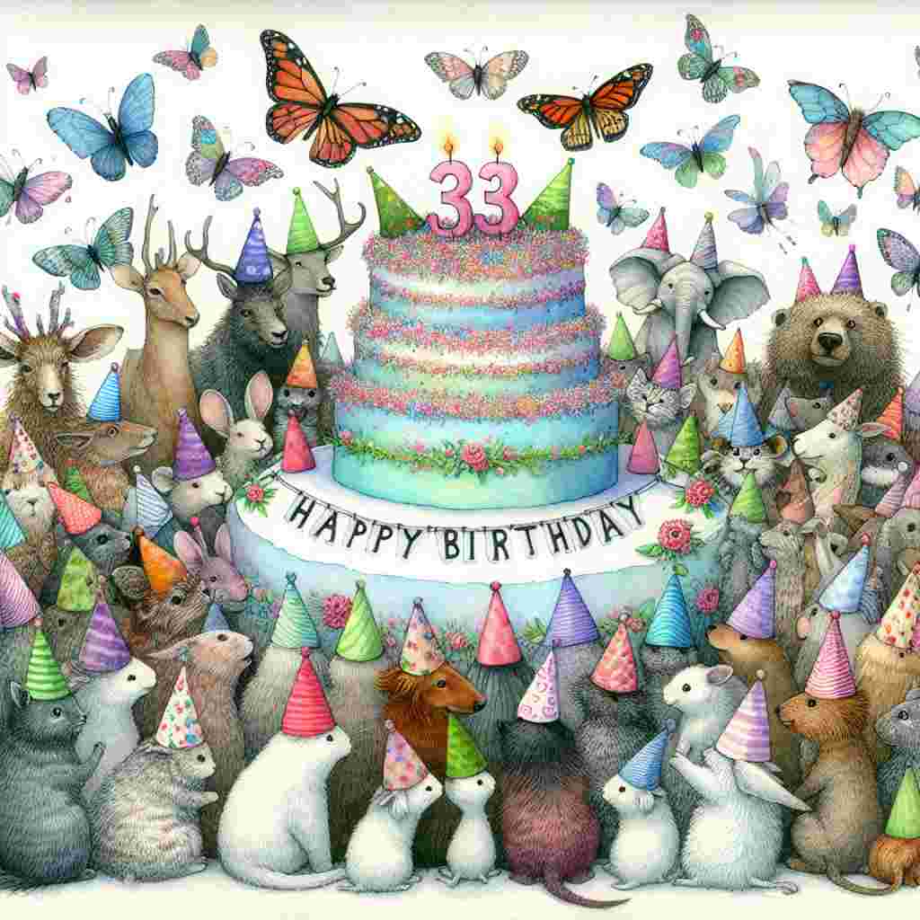 A playful watercolor scene showing a group of animals wearing party hats around a cake with '33th' in icing. Above them, butterflies hold a 'Happy Birthday' banner.
Generated with these themes: 33th  .
Made with ❤️ by AI.