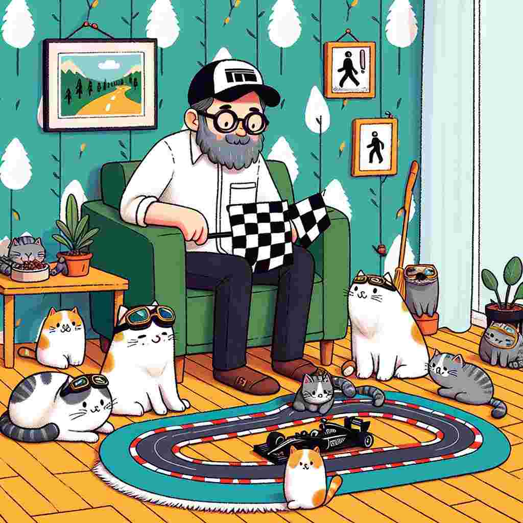 Create a heartwarming Father's Day themed illustration which reflects a man's hobbies when he is not present. Picture a comfortable living room environment where a group of playful cats with various expressions are clustered around a miniature Formula 1 racetrack laid across the floor. Each cat is wearing a small racing cap and goggles, with one of the cats even holding a black and white checkered flag. In the room's backdrop, a wallpaper designed like a walking trail envelops the room, representing the man's affection for walking explorations.
Generated with these themes: Formula 1, Cats, and Walking .
Made with ❤️ by AI.