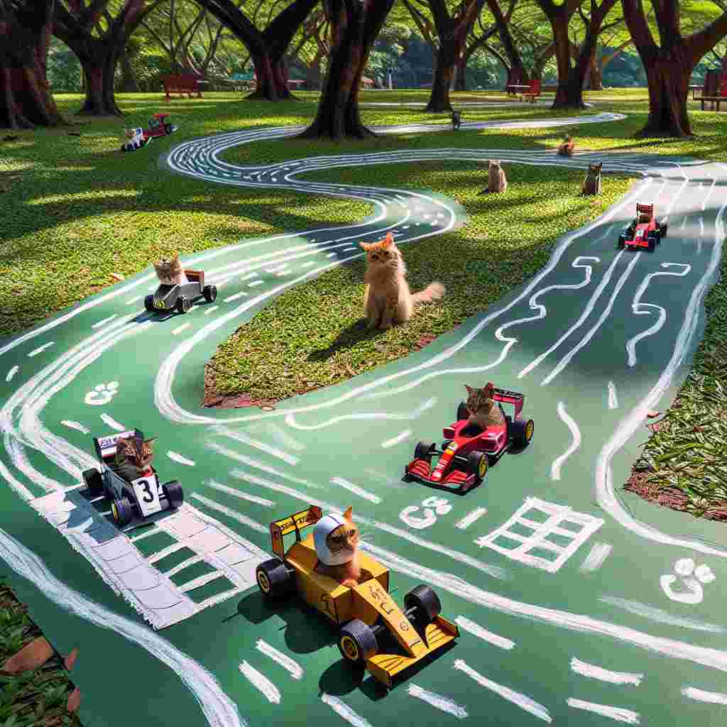 In an endearing scene uniquely outlined, a pack of enchanting cats participate in a toy car race, reminiscent of Formula 1, on a makeshift track in a sunny park. The winding track navigates between trees and over petite knolls, mirroring a typical walking route. The cats seemingly compete in their miniature vehicles, with one cat being distinct, donning a homemade cardboard helmet symbolizing the essence of Father's Day racing. Painted footsteps on the grass mimic a walking path, alluding to a father's guiding influence during the lighthearted and spirited race.
Generated with these themes: Formula 1, Cats, and Walking .
Made with ❤️ by AI.