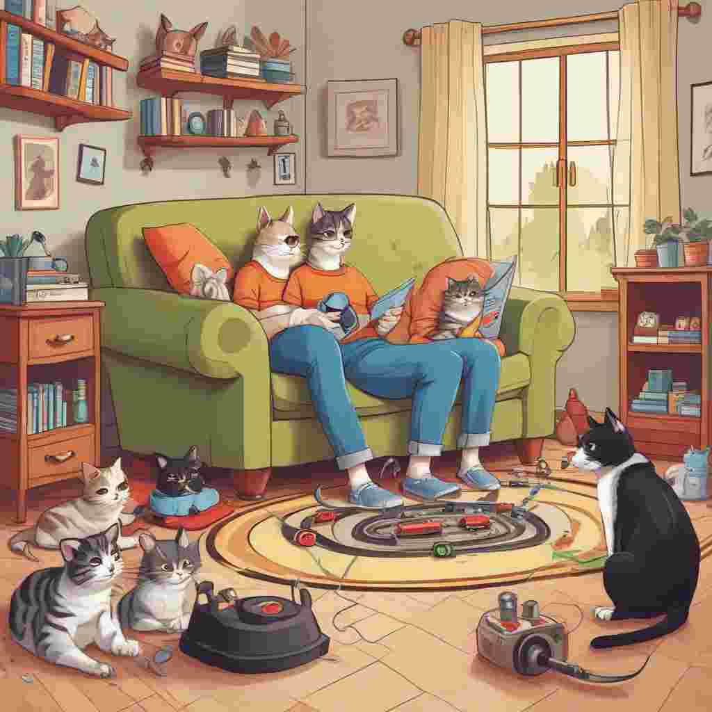 Illustration Cute, Create a heartwarming Father's Day themed illustration which reflects a man's hobbies when he is not present. Picture a comfortable living room environment where a group of playful cats with various expressions are clustered around a miniature Formula 1 racetrack laid across the floor. Each cat is wearing a small racing cap and goggles, with one of the cats even holding a black and white checkered flag. In the room's backdrop, a wallpaper designed like a walking trail envelops the room, representing the man's affection for walking explorations.
Generated with these themes: Formula 1, Cats, and Walking .
Made with ❤️ by AI.