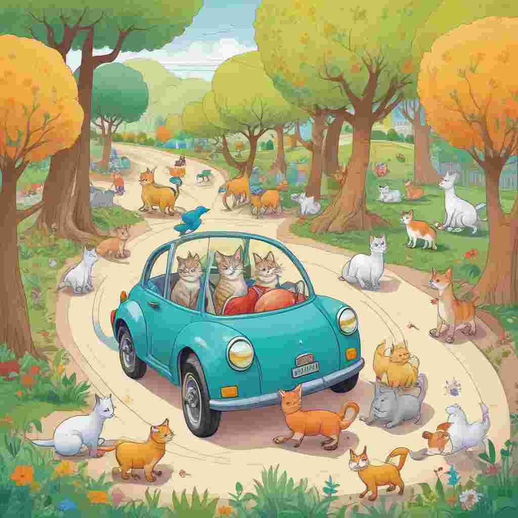 Illustration Cute, In an endearing scene uniquely outlined, a pack of enchanting cats participate in a toy car race, reminiscent of Formula 1, on a makeshift track in a sunny park. The winding track navigates between trees and over petite knolls, mirroring a typical walking route. The cats seemingly compete in their miniature vehicles, with one cat being distinct, donning a homemade cardboard helmet symbolizing the essence of Father's Day racing. Painted footsteps on the grass mimic a walking path, alluding to a father's guiding influence during the lighthearted and spirited race.
Generated with these themes: Formula 1, Cats, and Walking .
Made with ❤️ by AI.