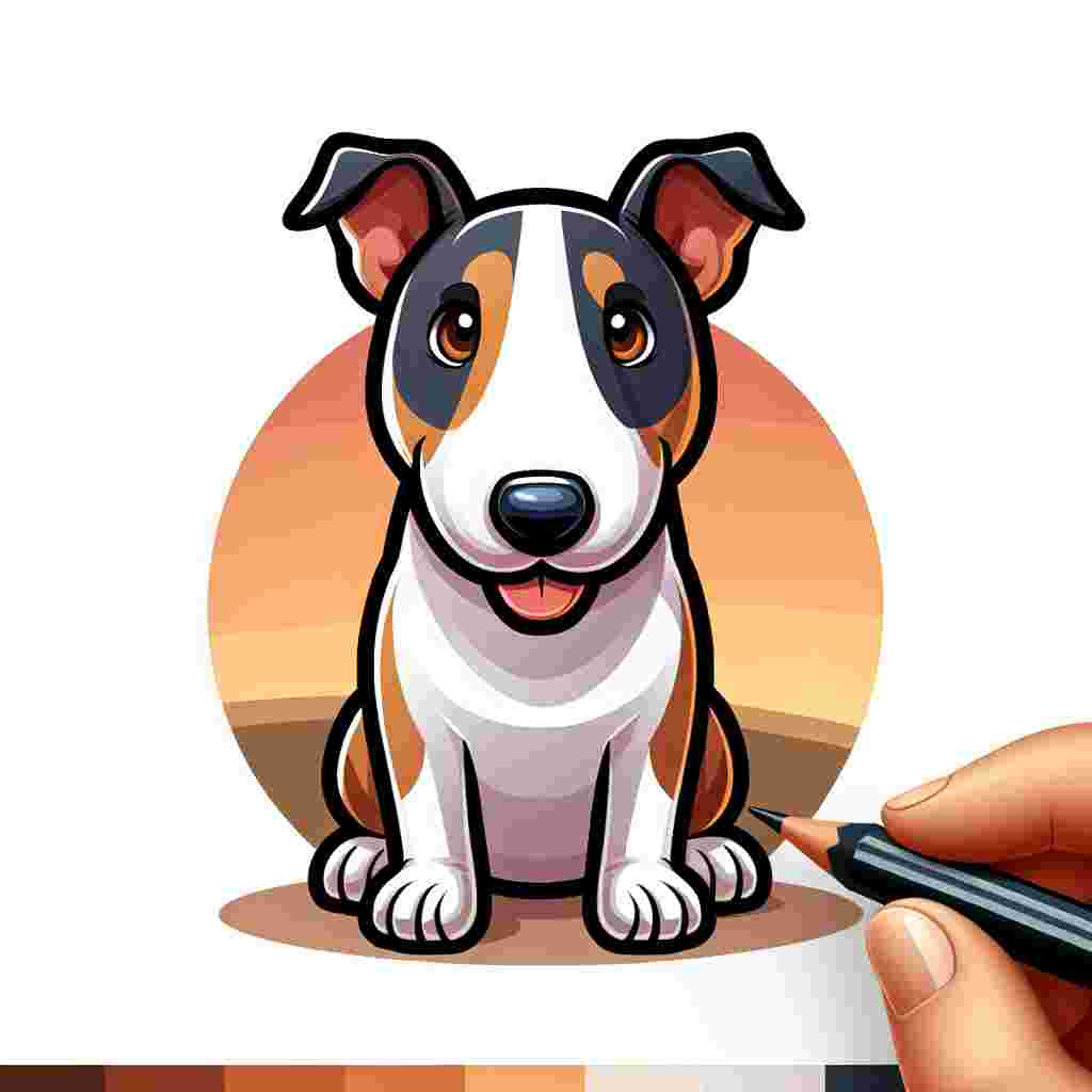 Create an endearing cartoon scenario with an adult Bull Terrier dog displaying its standard physique. The dog's boastful tricolor coat of white, brown, and black astoundingly stands out. It reflects an affable nature highlighted by its tender brown eyes, which welcomes us into its lighthearted environment.
.
Made with ❤️ by AI.