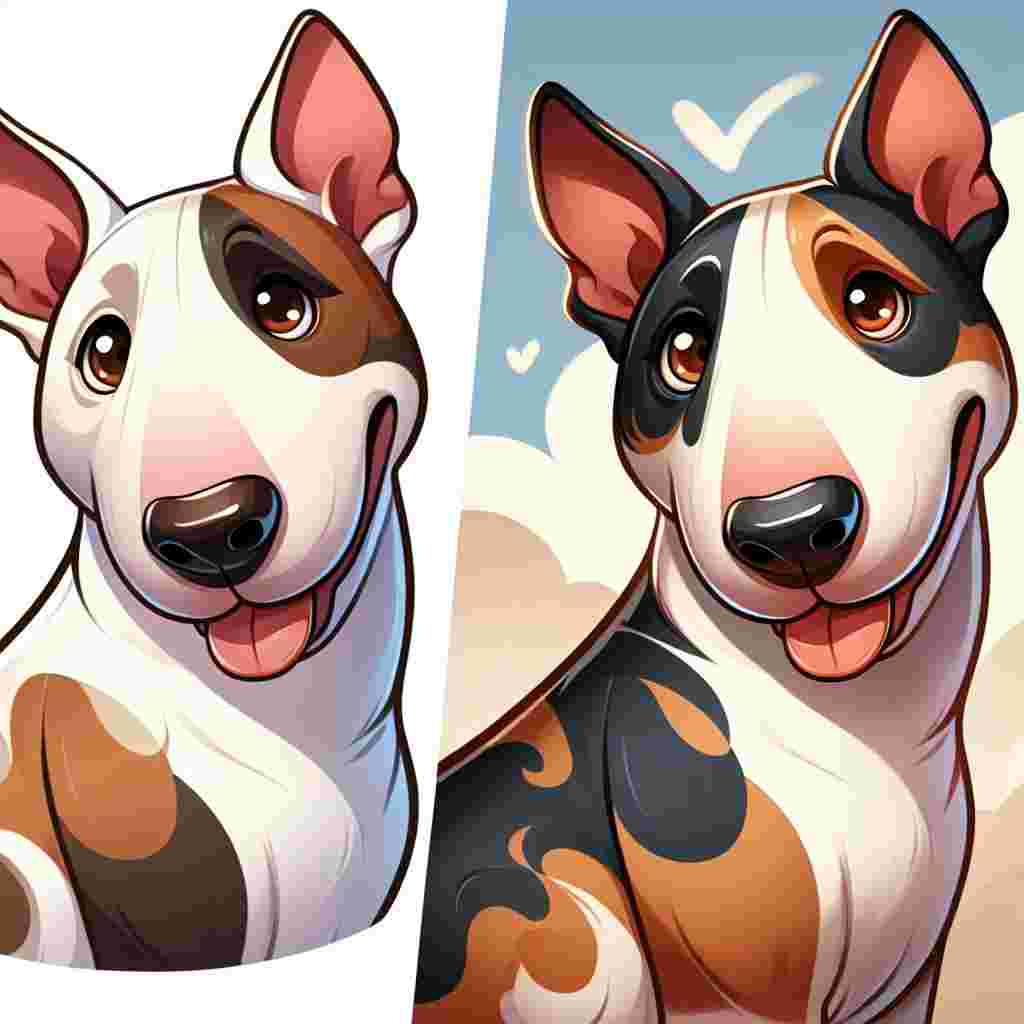 Create an image set in an adorable, animated environment featuring an ordinarily built adult Bull Terrier dog. This charming creature radiates positivity with its tricolor coat that boasts whimsical swirls of white, brown, and black shades. Its brown eyes shimmer with a unique blend of warmth and youthful mischief, serving as the perfect reflection of its cheerful cartoon universe.
.
Made with ❤️ by AI.