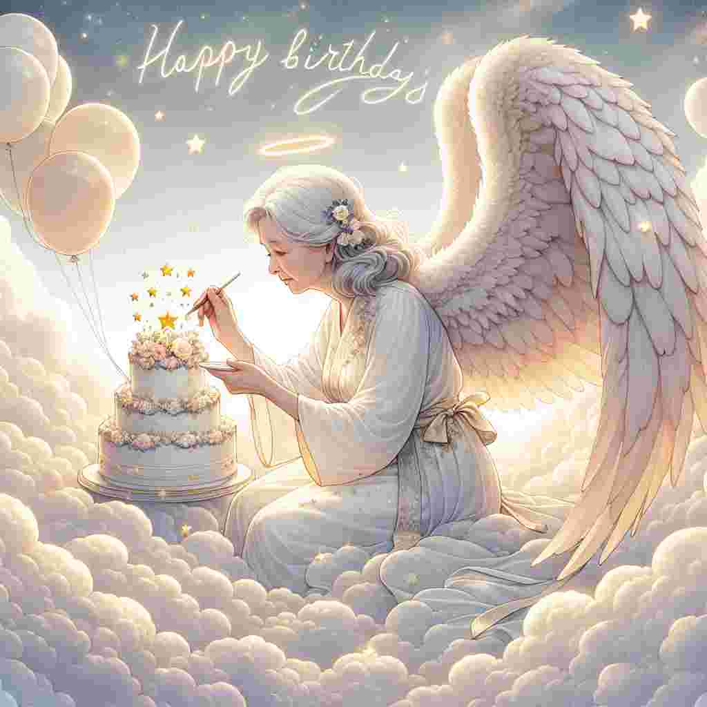 A sweet illustration depicts a heavenly grandma with soft, white, billowing hair and sparkling angel wings, sitting amidst fluffy clouds. She's decorating a celestial cake with stars while surrounded by balloons. The scene radiates warmth and the words 'Happy Birthday' are gracefully written in the sky.
Generated with these themes: heavenly  grandma.
Made with ❤️ by AI.