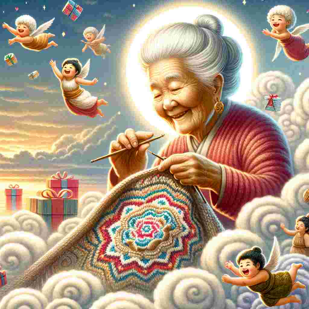 This charming illustration features a heavenly grandma floating on a cloud with a radiant smile, lovingly knitting a sweater with the words 'Happy Birthday' interwoven into the pattern. Playful cherubs and floating presents add to the celebratory atmosphere, all against a backdrop of a soft, sunset-hued sky.
Generated with these themes: heavenly  grandma.
Made with ❤️ by AI.