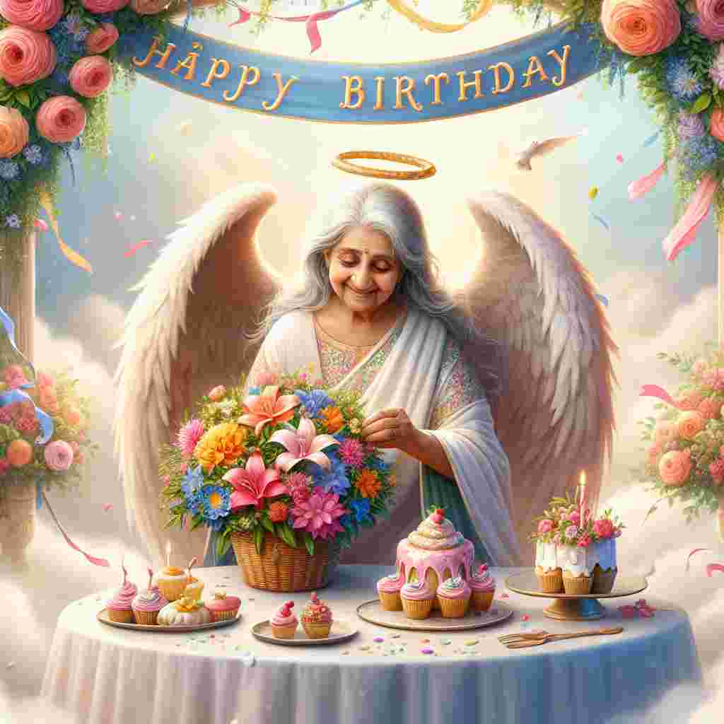 The scene is filled with the warmth of a heavenly grandma, who wears a halo and holds an array of colorful flowers. She sits at a cloud-shaped table, setting out heavenly treats and cupcakes with a twinkling smile. A banner above her reads 'Happy Birthday' in a cheerful, flowing script.
Generated with these themes: heavenly  grandma.
Made with ❤️ by AI.