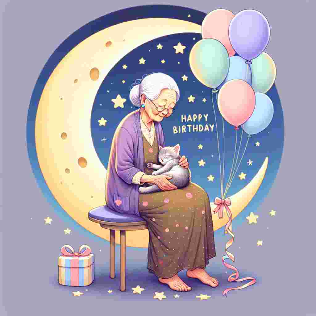 In this heartwarming illustration, a heavenly grandma gently cradles a small, sleeping kitten wrapped in a birthday ribbon. She sits on a moon bench surrounded by pastel balloons, and the stars around form the gentle message 'Happy Birthday'. Her tender expression is the centerpiece of this serene scene.
Generated with these themes: heavenly  grandma.
Made with ❤️ by AI.