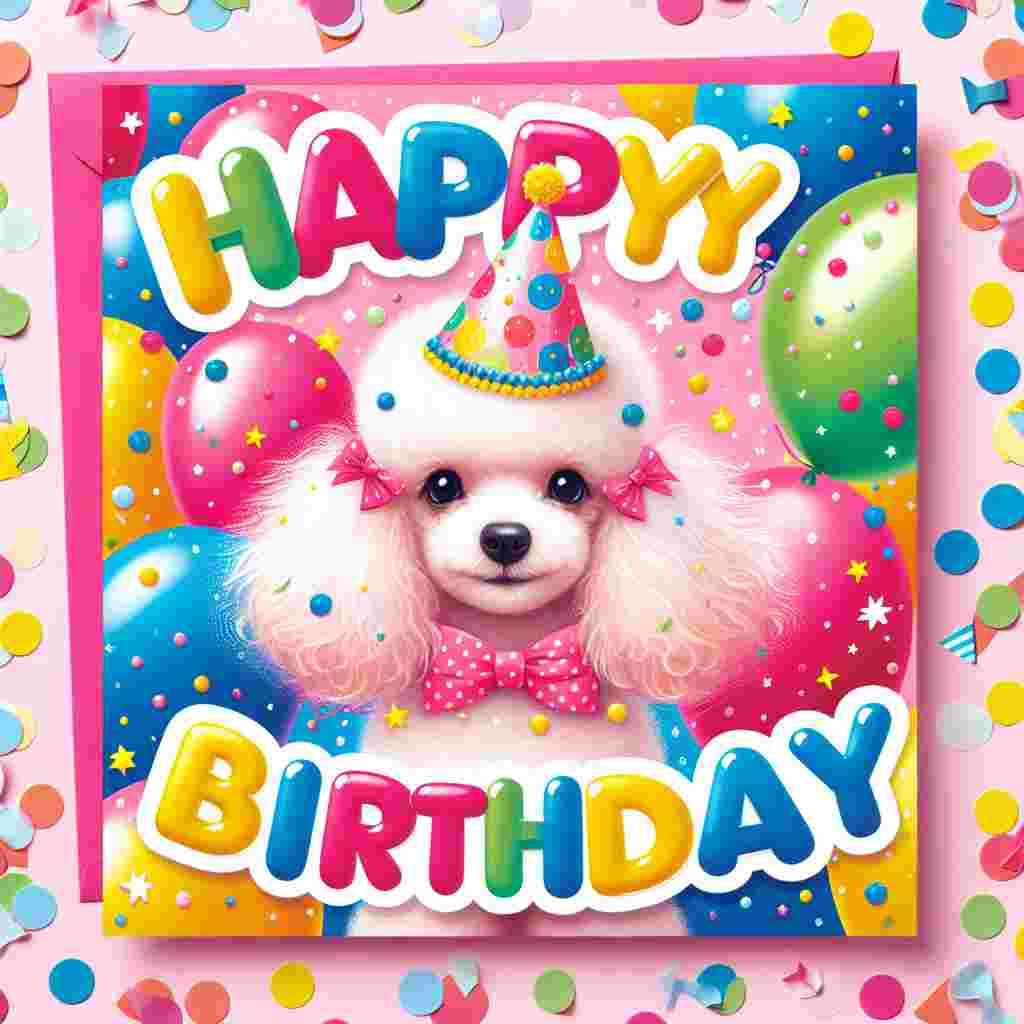 A colorful birthday card featuring an adorable poodle wearing a party hat surrounded by balloons and confetti. 'Happy Birthday' is written in cheerful, bubbly letters at the top of the scene.
Generated with these themes: Poodle  .
Made with ❤️ by AI.
