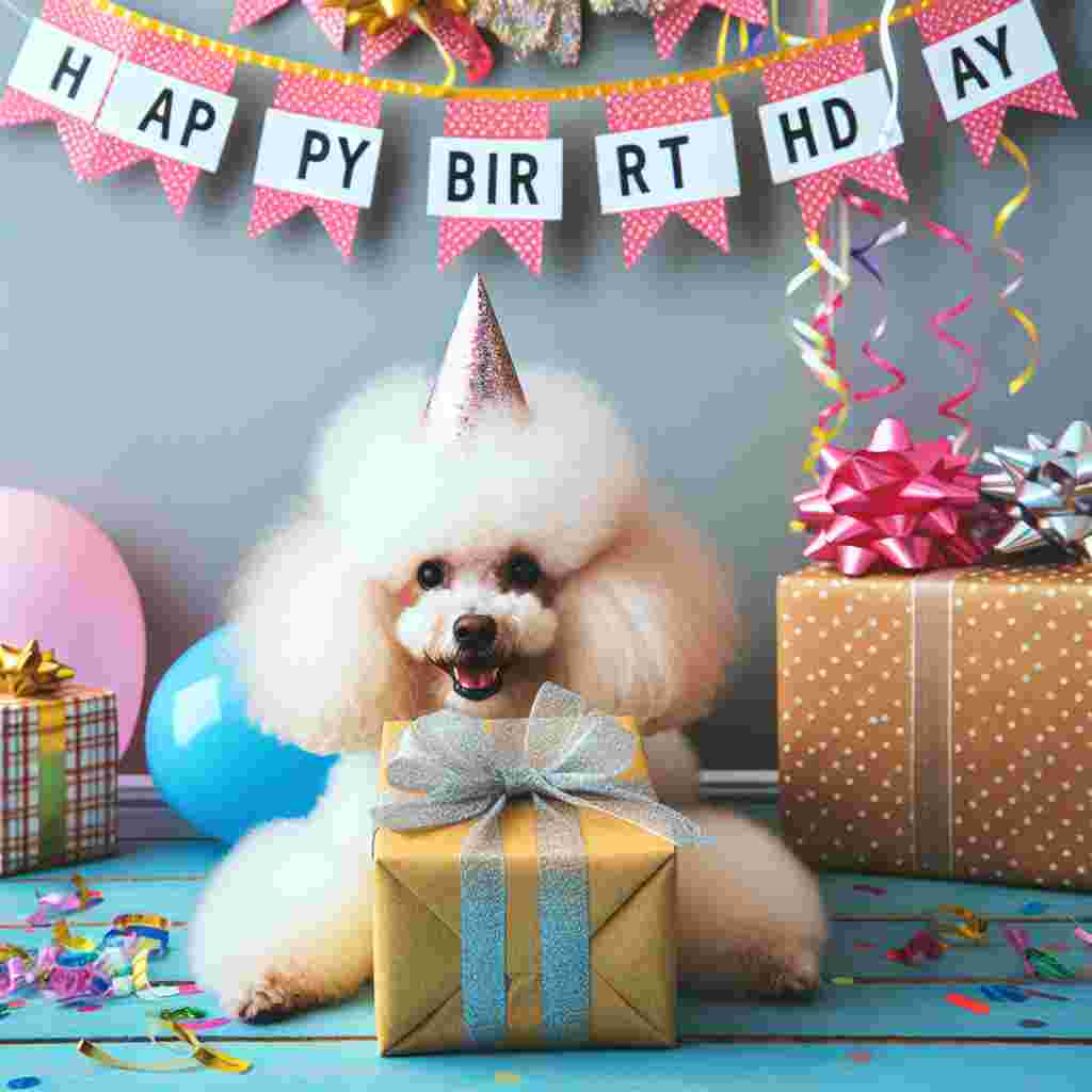 A playful scene depicting a fluffy poodle clutching a birthday present in its mouth, with a banner reading 'Happy Birthday' strung across the top, framed by streamers and party poppers.
Generated with these themes: Poodle  .
Made with ❤️ by AI.