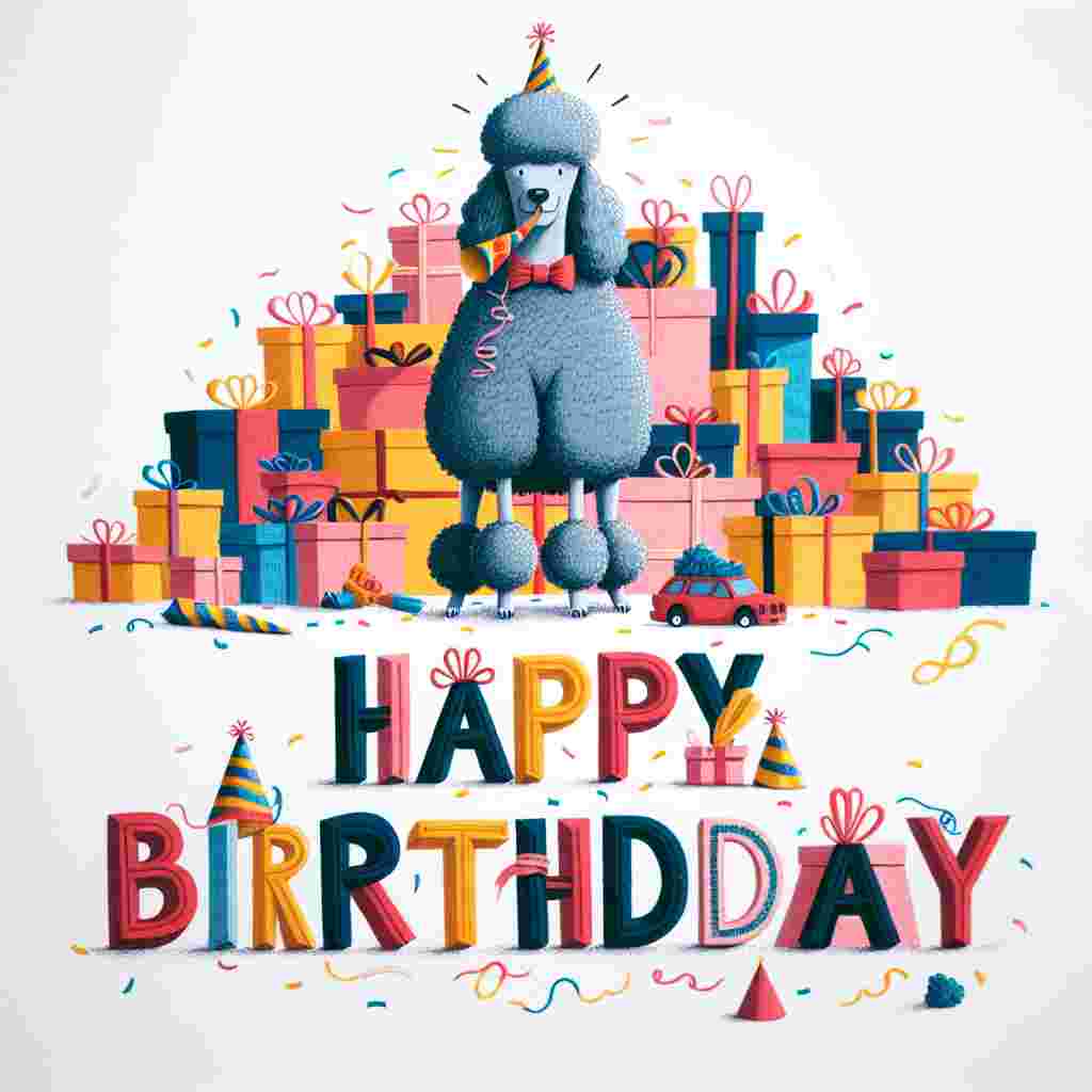 A whimsical drawing showcases a poodle center stage amidst a pile of gifts, a party blower in its mouth, while the 'Happy Birthday' greeting is displayed in a fun font, dancing along the bottom edge of the design.
Generated with these themes: Poodle  .
Made with ❤️ by AI.