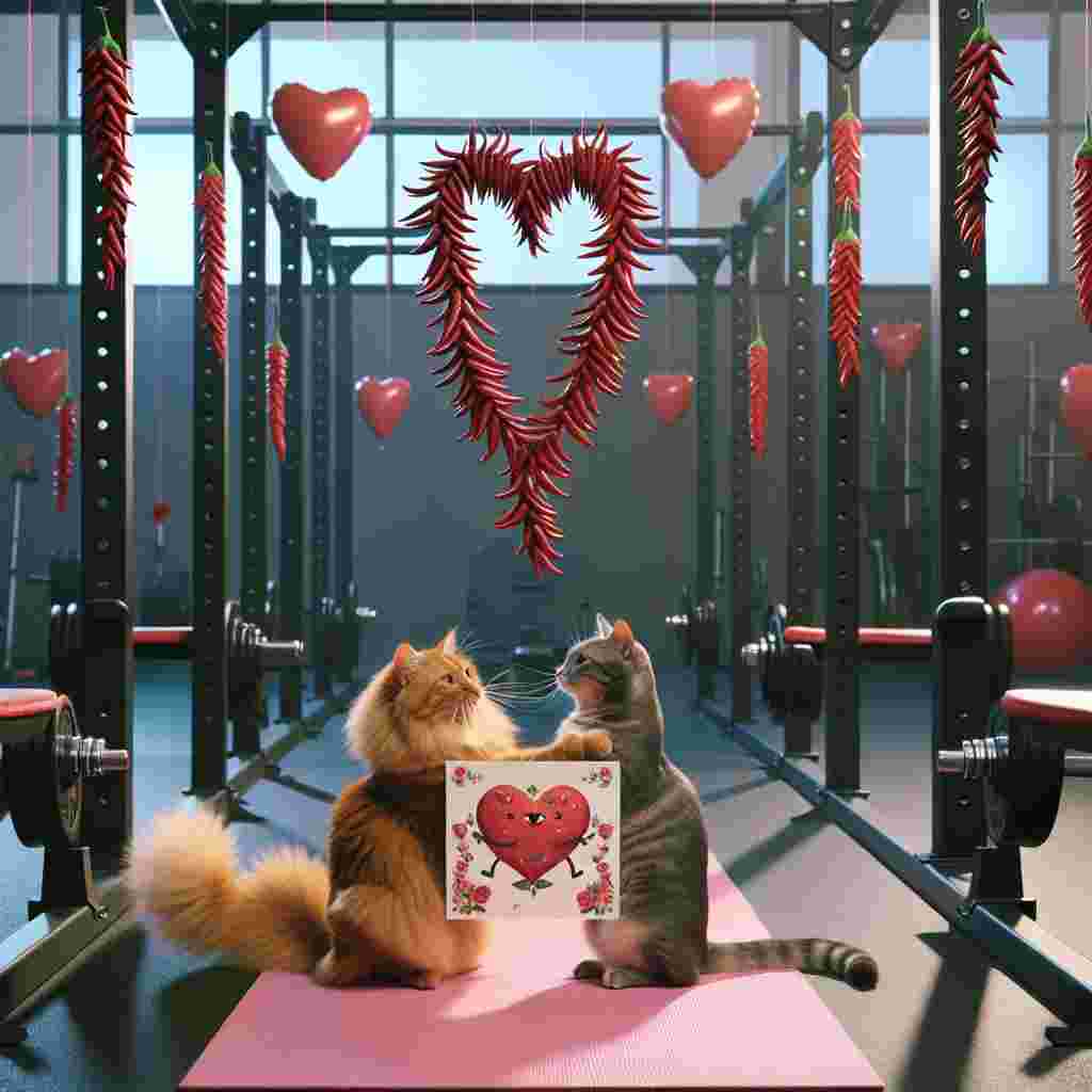 In this heartwarming image, a fluffy ginger cat and a sleek grey cat are captured intertwined in a loving gesture at an indoor fitness center. The surrounding environment is whimsical, adorned with floating heart-shaped balloons and a vibrant red chili garland stretching between the metallic weight racks. The cats are standing on a pink yoga mat shaped like an elongated heart, amidst the gym return, exchanging an elaborate Valentine's Day card. The card carries a unique design featuring hanging chili peppers and depictions of gym equipment. The whole setting is invoking a sense of romantic festivity and feline fondness.
Generated with these themes: Cats, Chilli, and Gym.
Made with ❤️ by AI.