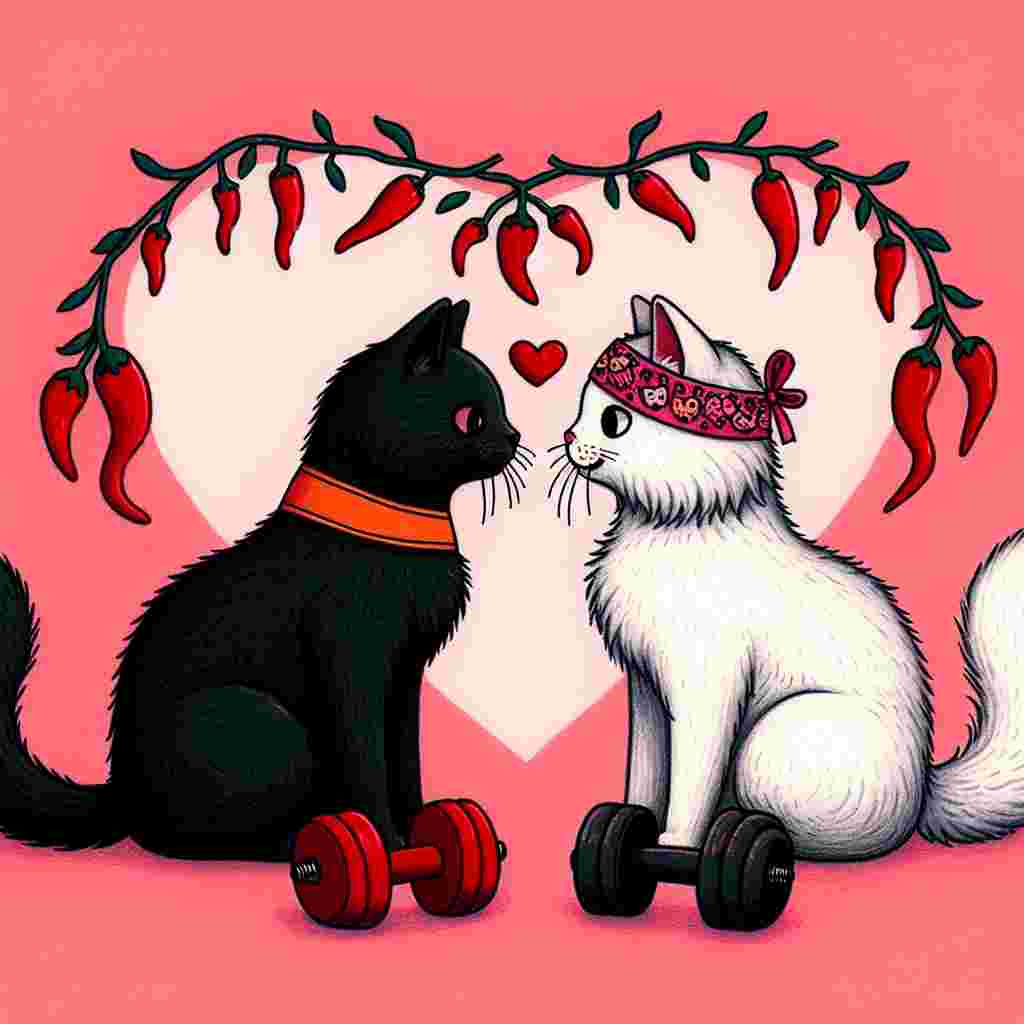 Generate an image of two affectionate cats, one as black as midnight and the other fluffy white, touching whiskers and gazing into each other's eyes. They are set against a soft pink background in the shape of a heart. The black cat is garbed in workout clothes, while the white one is wearing a chili-pepper patterned headband. Dumbbells sit at their paws, indicating a shared interest in fitness. Above them hangs a chili pepper garland, signifying a Valentine's Day celebration. This peculiar combination beautifully represents their mutual love and shared hobbies.
Generated with these themes: Cats, Chilli, and Gym.
Made with ❤️ by AI.