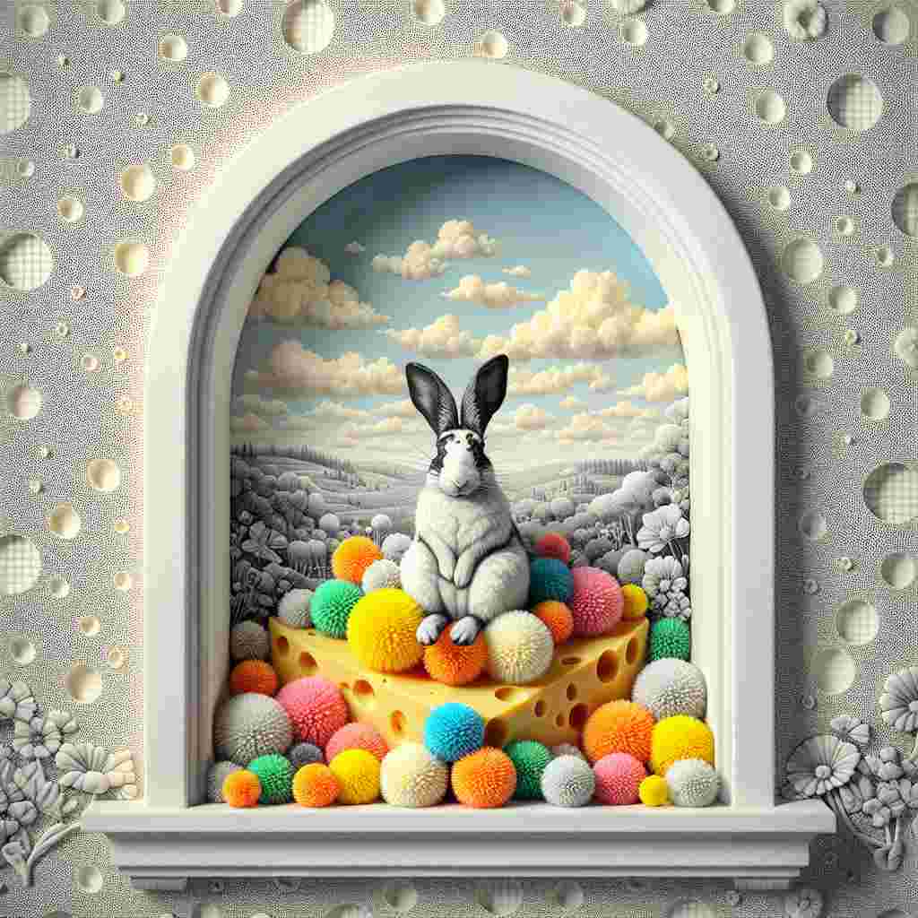 Visualize a detailed scene captured elegantly within the frame of an arch window, stimulating a sense of quaint charm and surrealism. In the middle, a finely detailed black and white rabbit takes center stage, comfortably perched atop a pile of vibrant pom poms, injecting a contagiously joyful and creative energy into the scene. The surroundings softly fade into a sky patterned to resemble cheese, adding an unexpected yet delightful twist that conveys a sense of abundance and thankfulness.
Generated with these themes: Black and white rabbit, Colourful Pom poms, Arch window, and Cheese.
Made with ❤️ by AI.