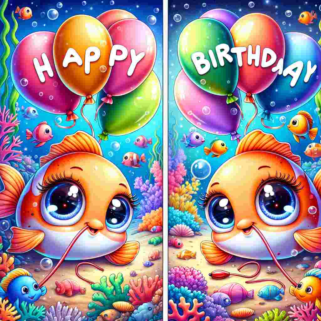 A playful Pisces-themed birthday card depicting two animated fish with big, doe-eyed expressions, each holding a balloon with their fins. They float in an underwater scene filled with coral and sea life. The 'Happy Birthday' text is whimsically included on the balloons, with each word on a separate balloon tied to the fish.
Generated with these themes: Pisces Birthday Cards.
Made with ❤️ by AI.