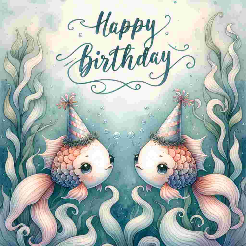 A charming illustration on a birthday card showing a sweet Pisces pair of cartoonish fish, adorned with party hats. They are surrounded by a gentle watercolor wash that imitates the ocean. Above them, in graceful, flowing script, reads the phrase 'Happy Birthday', integrated seamlessly with the waving aquatic plants.
Generated with these themes: Pisces Birthday Cards.
Made with ❤️ by AI.