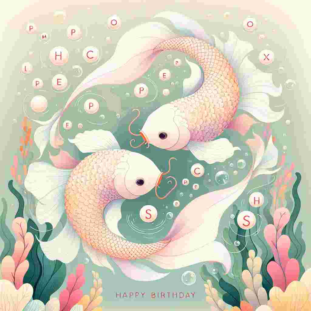 A whimsical Pisces birthday card featuring two cuddly koi fish swimming in a circular motion, forming the shape of the Pisces symbol. The scene is set against a soft, pastel background of underwater flora. Bubbles drift upwards, carrying the message 'Happy Birthday' in playful, bubble-like letters.
Generated with these themes: Pisces Birthday Cards.
Made with ❤️ by AI.