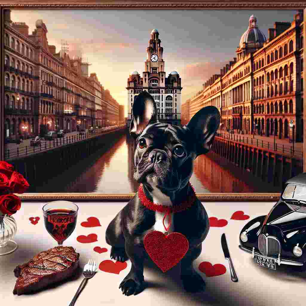 Imagine a delightful Valentine's Day scene where the center of attention is a black and tan French Bulldog, donning a small, red collar shaped into a heart. Close to this endearing canine is an elegant black sedan representing refinement. Far off, the famous early 20th-century Liver Buildings bask in the warm shades of the evening sun, providing a dreamy ambiance. Broad collection of horror movie posters embellish the nearby walls, injecting an unexpected contrast to the layout. The scent of a perfectly cooked steak, prepared to honor the occasion, pervades the atmosphere, finalizing this extraordinary fusion of ideas.
Generated with these themes: Black and tan French bulldog, Black BMW, Liver buildings, Horror films , and Steak.
Made with ❤️ by AI.