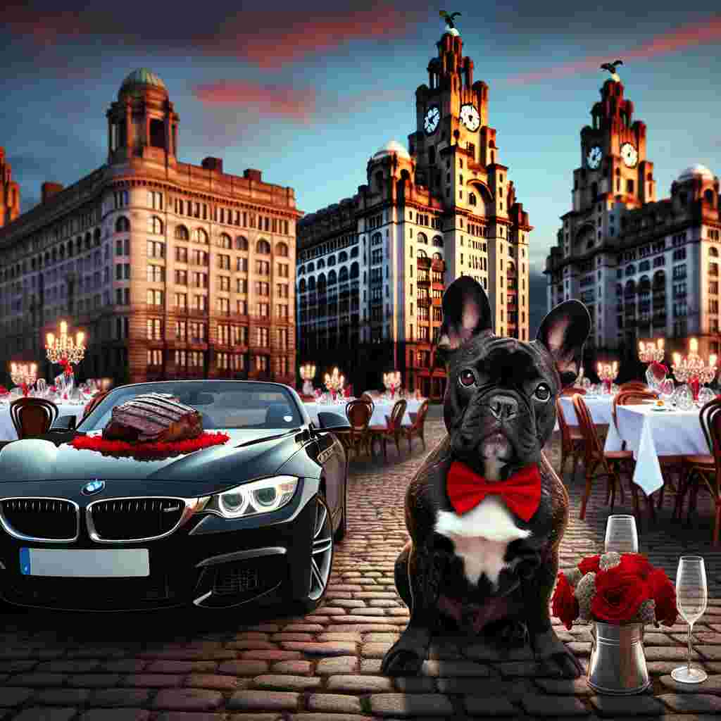 Capture a romantic Valentine's Day scene with an unusual twist. At the heart of the scene is an adorable black and tan French Bulldog, sporting a red bow tied around its neck. The iconic Liver Buildings grandly stand in the backdrop, reaching into the dusky sky. In the nearby foreground, a shiny black BMW sits, a ribbon embellishing its hood. Outdoor dining tables, each arranged for two, are spread out in the surrounding area. Unconventionally, these tables are decorated with elements from vintage horror movies. Completing this peculiar yet romantic ambiance, a lavish steak dinner is prepared on each table.
Generated with these themes: Black and tan French bulldog, Black BMW, Liver buildings, Horror films , and Steak.
Made with ❤️ by AI.