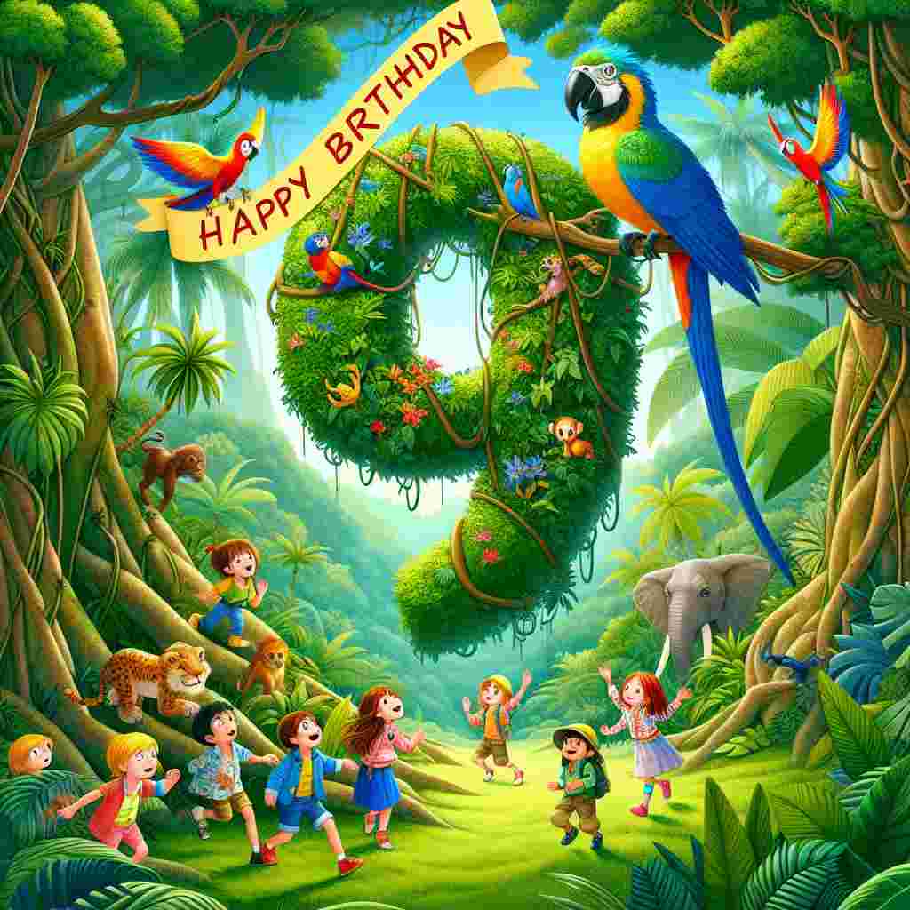 A vibrant jungle scene with a large '9' camouflaged amongst the trees and vines, where kids are engaged in a game of hide and seek with exotic animals. A colorful parrot is hovering above, holding a ribbon in its beak that reads 'Happy Birthday', adding a tropical touch to the 9th birthday theme.
Generated with these themes: 9th kids  .
Made with ❤️ by AI.