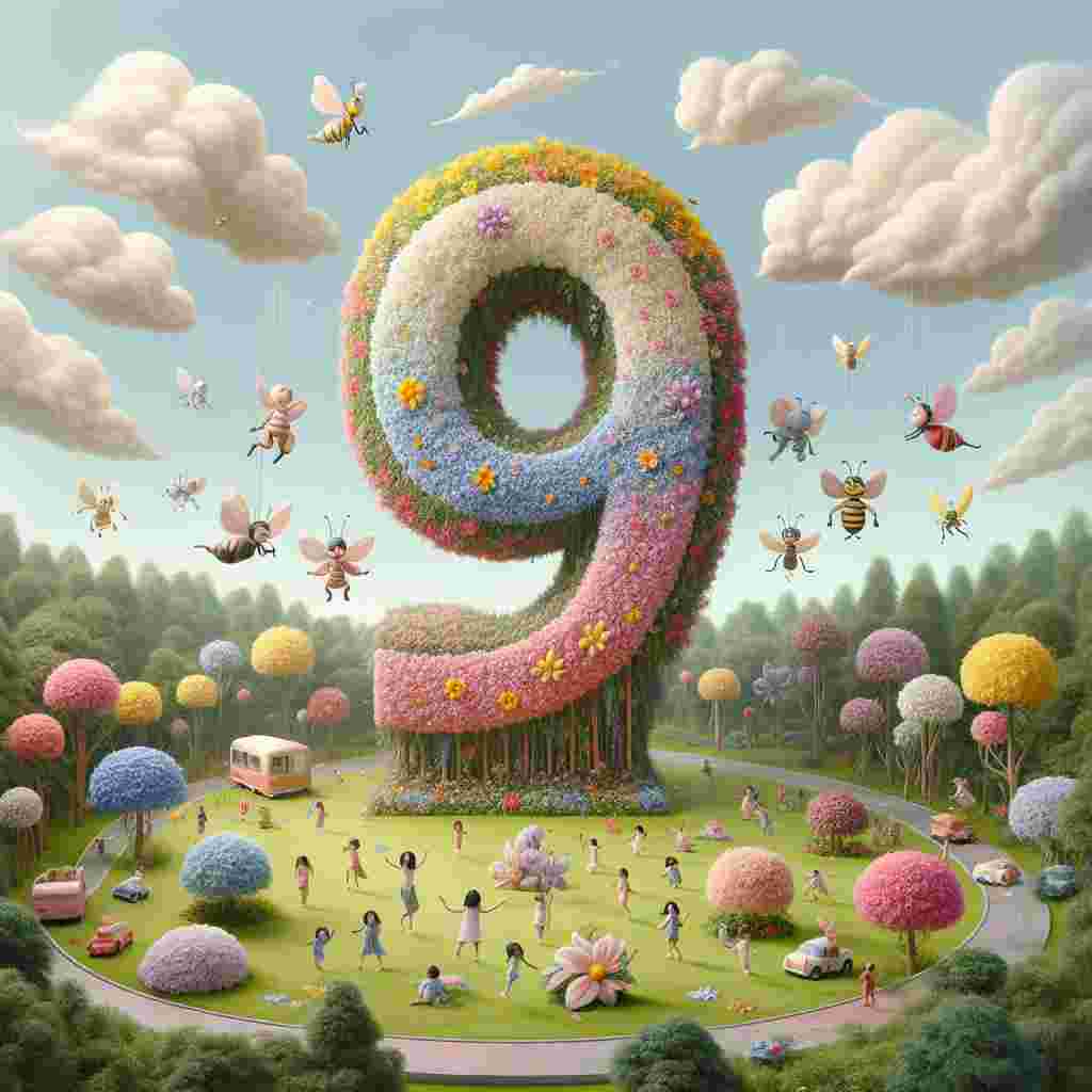 A pastel-colored park setting with a giant '9' made of flowers and friendly insects dancing around it. Kids joyously swing from the digits, while in the sky above, clouds naturally form the greeting 'Happy Birthday' in a soft font, perfect for a 9th birthday celebration.
Generated with these themes: 9th kids  .
Made with ❤️ by AI.