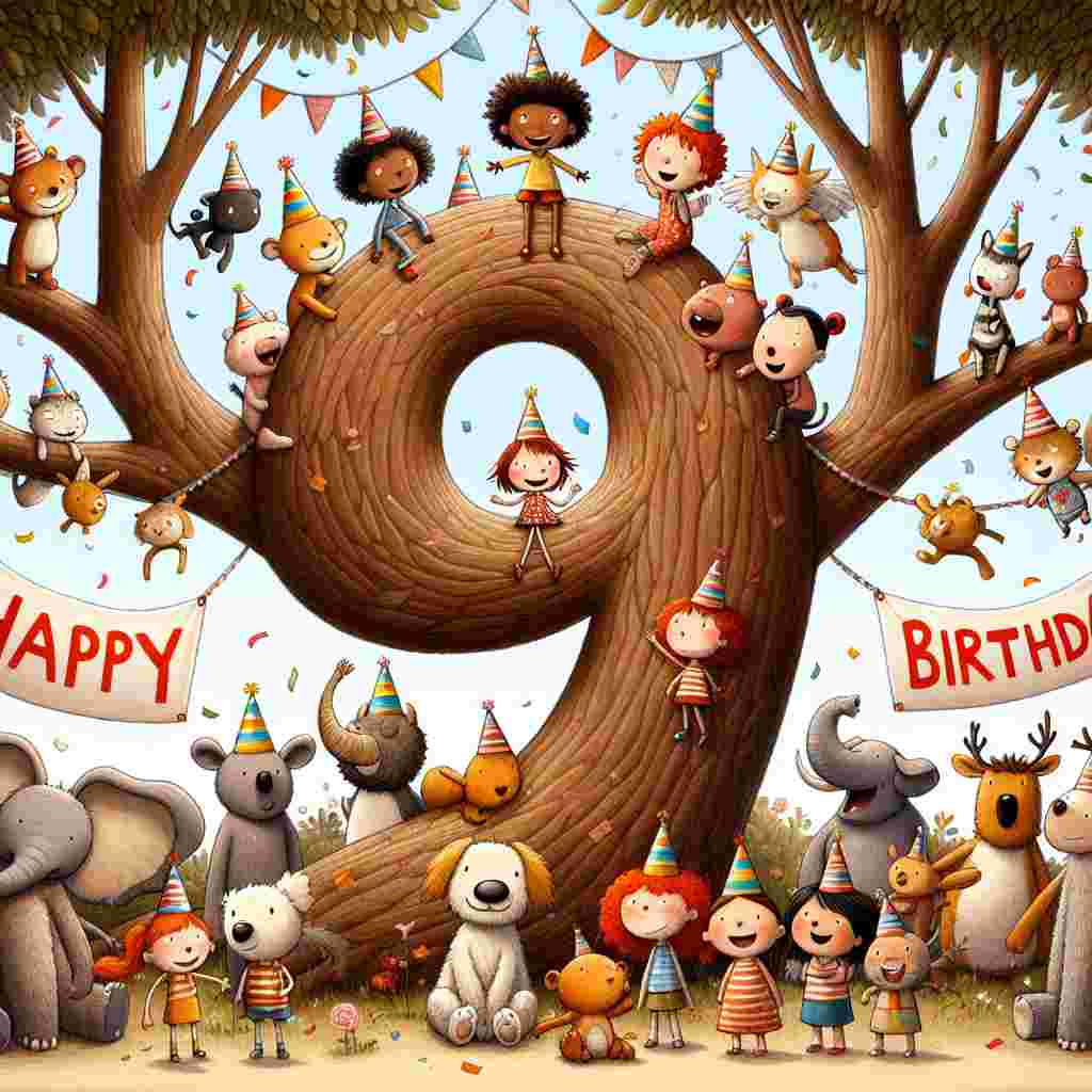 A whimsical scene with a group of cartoon animals dressed in party hats, gathered around a large '9' shaped like a tree. Kids are playfully perched on the branches, giggling. Above them, a banner with the text 'Happy Birthday' flutters in the breeze, completing this joyous 9th birthday illustration.
Generated with these themes: 9th kids  .
Made with ❤️ by AI.