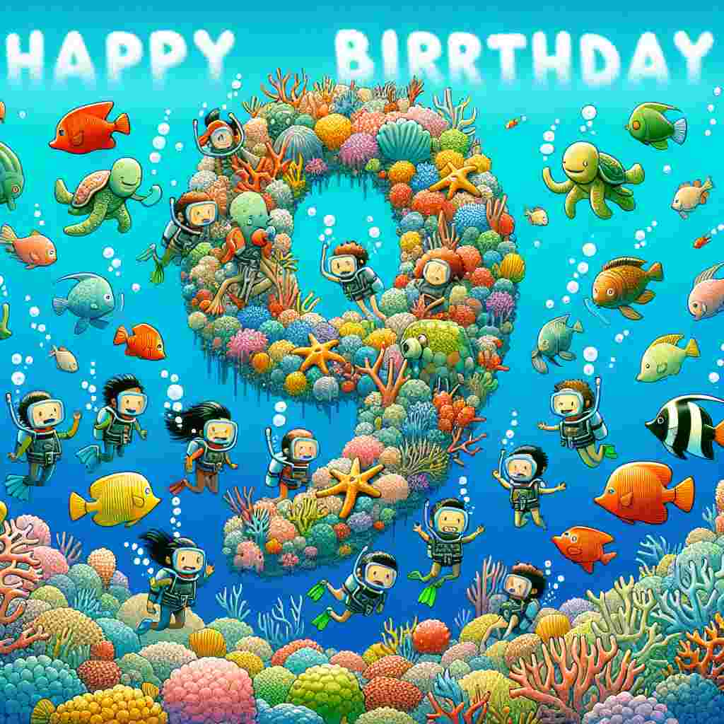 An underwater adventure-themed illustration where cheerful sea creatures are floating around a coral reef shaped like the number '9'. Kids are depicted diving and discovering treasures, with playful bubbles surrounding the text 'Happy Birthday' elegantly written above the scene.
Generated with these themes: 9th kids  .
Made with ❤️ by AI.