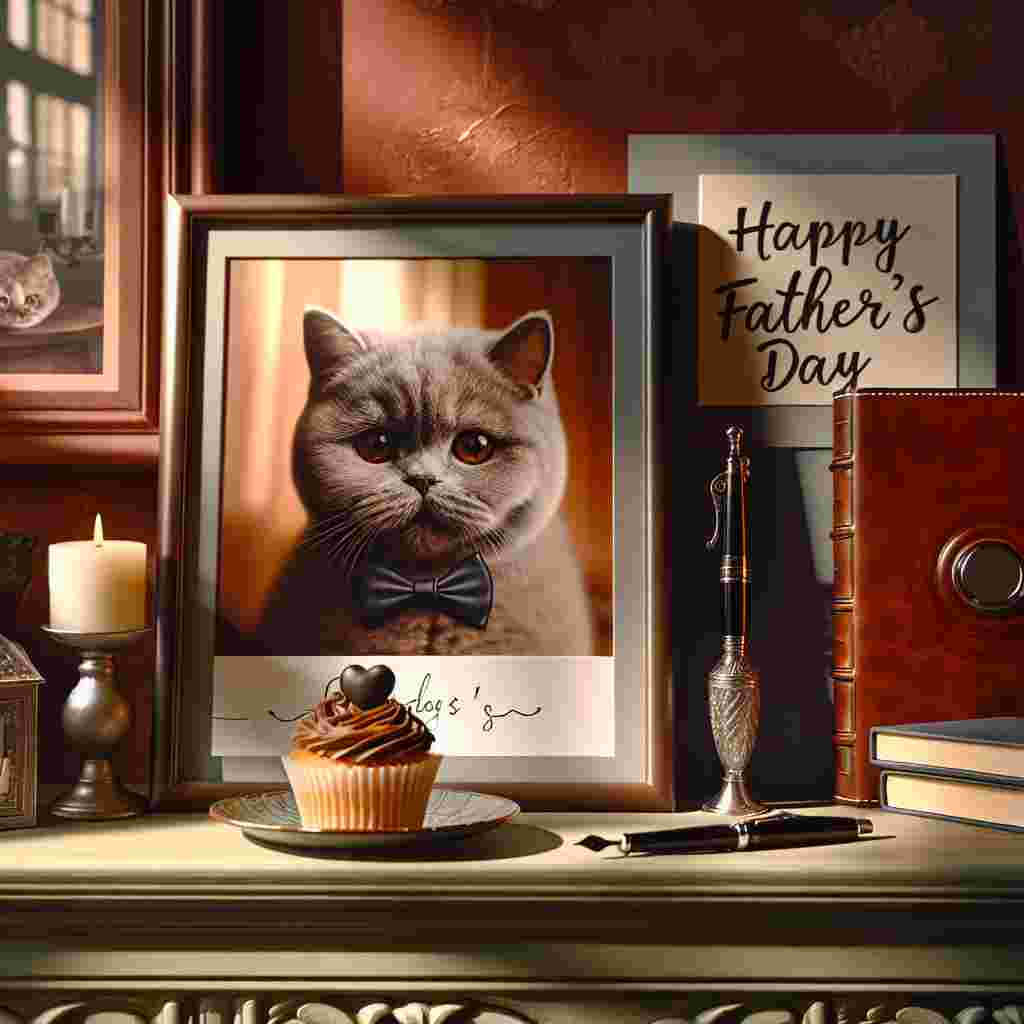 Depict a cozy living room painted in the warm hues of the morning sunlight filtering through the curtains. Highlight a mantelpiece with several Father's Day greeting cards, with the central attraction being a framed photo of a British shorthair cat, boasting a tiny bowtie. Focus on a coffee table set with a classic leather-bound journal and a stylish fountain pen set, the thoughtful gifts for the day. Next to these gifts sits a homemade cupcake on a small plate, the icing intricately crafted to mimic the grey fur and unique round face of the family cat.
Generated with these themes: british shorthair cat.
Made with ❤️ by AI.