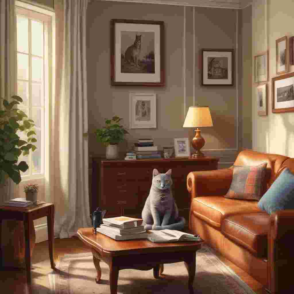 Realistic Cute, Depict a cozy living room painted in the warm hues of the morning sunlight filtering through the curtains. Highlight a mantelpiece with several Father's Day greeting cards, with the central attraction being a framed photo of a British shorthair cat, boasting a tiny bowtie. Focus on a coffee table set with a classic leather-bound journal and a stylish fountain pen set, the thoughtful gifts for the day. Next to these gifts sits a homemade cupcake on a small plate, the icing intricately crafted to mimic the grey fur and unique round face of the family cat.
Generated with these themes: british shorthair cat.
Made with ❤️ by AI.