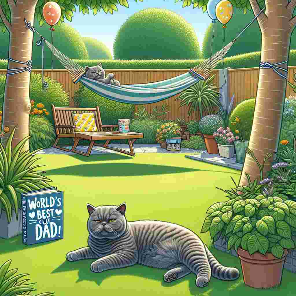 Depict a tranquil backyard garden meticulously maintained. The garden hosts a lounging British shorthair cat shading beneath the trees, with its plush coat blending seamlessly with the natural hues around it. In the vicinity, a welcoming hammock is strung between two sturdy trees. A book titled 'World's Best Cat Dad' is casually resting on it. Indications of a Father's Day celebration can be noticed, with a couple of vibrant balloons tied to the hammock, and a beautifully wrapped gift box adorned with a cat-patterned ribbon positioned next to a leafy potted plant. Attached to the plant is a tag proclaiming 'Happy Father's Day!'
Generated with these themes: british shorthair cat.
Made with ❤️ by AI.